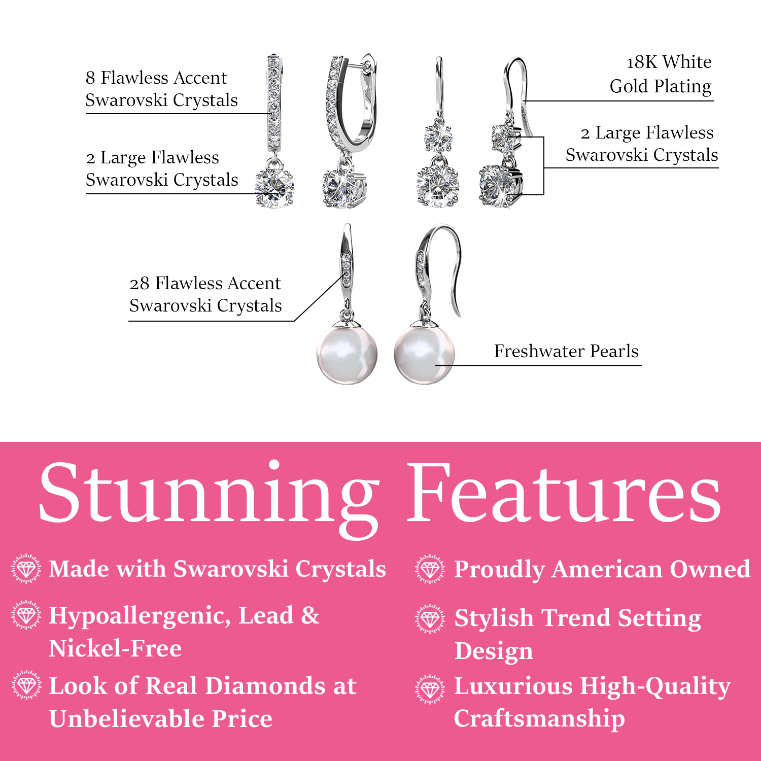 McKenzie, Kadence, Betty 18k White Gold Plated Drop Earrings for Women (3 Pair Set)