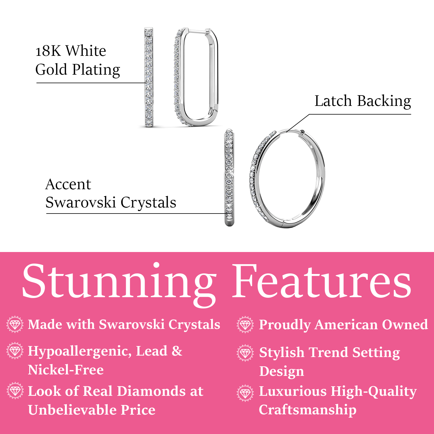 Pack of 2 - Bianca, Nadia 18k White Gold Plated Hoop Earrings with Swarovski Crystals