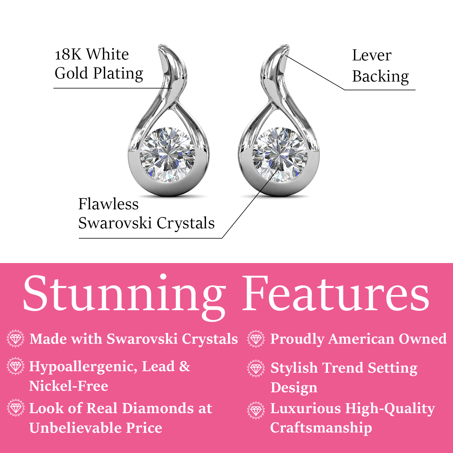 Parker 18k White Gold Plated Tear drop Stud Earrings with Swarovski Crystal