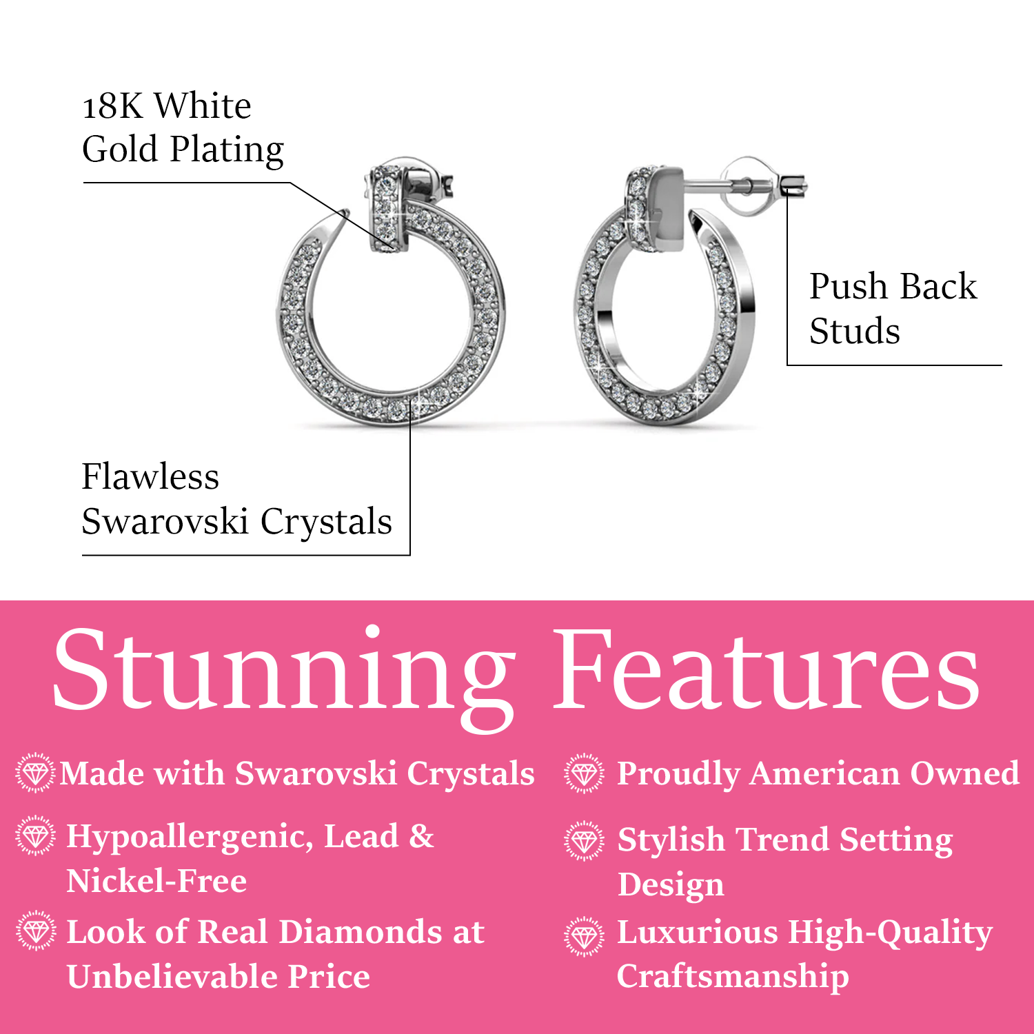 Raven 18k White Gold Plated Circle Drop Stud Earrings with Swarovski Crystals