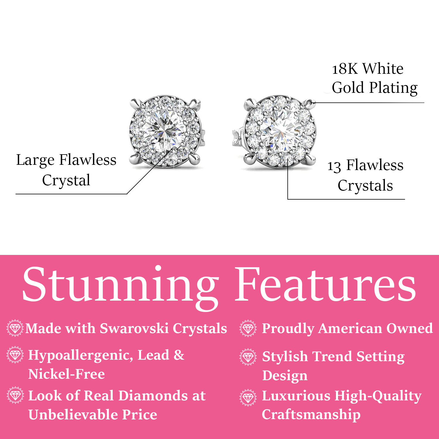 Raylee 18k White Gold Plated Halo Stud Earrings with Swarovski Crystals