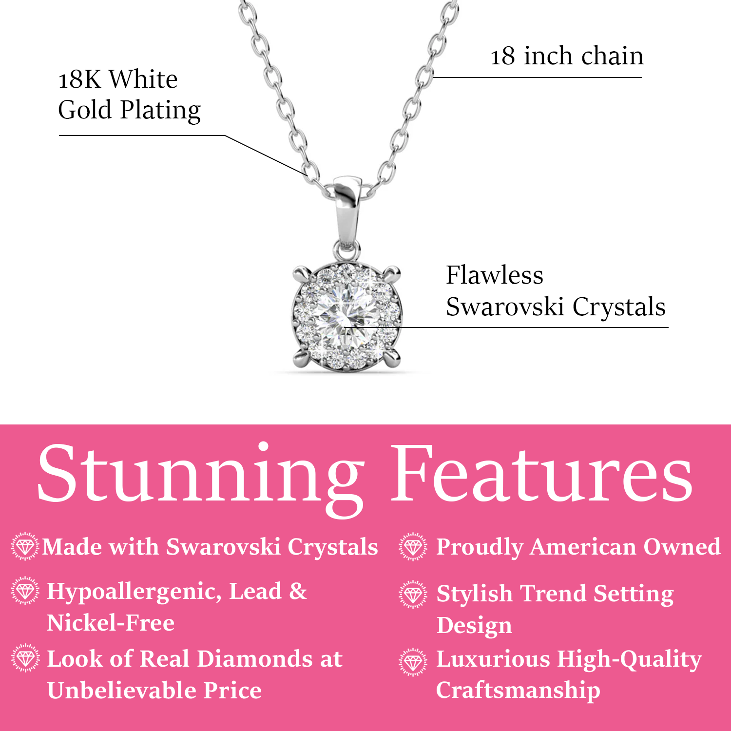 Raylee 18k White Gold Plated Halo Pendant Necklace with Swarovski Crystals