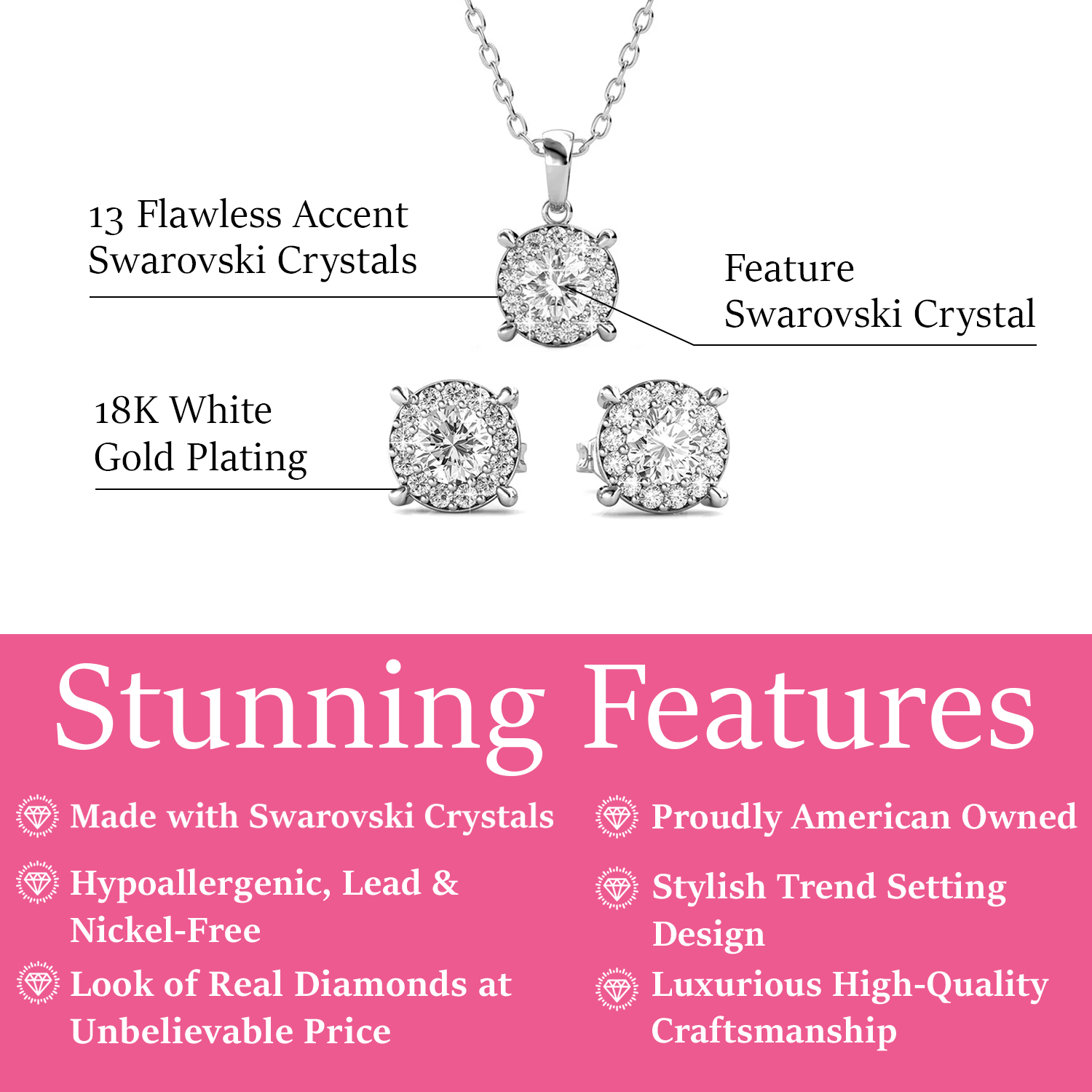 Raylee 18k White Gold Plated Halo Necklace and Stud Earrings Jewelry Set with Swarovski Crystals