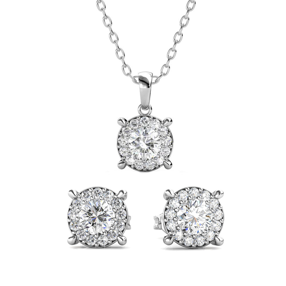 Raylee 18k White Gold Plated Halo Necklace and Stud Earrings Jewelry Set with Swarovski Crystals