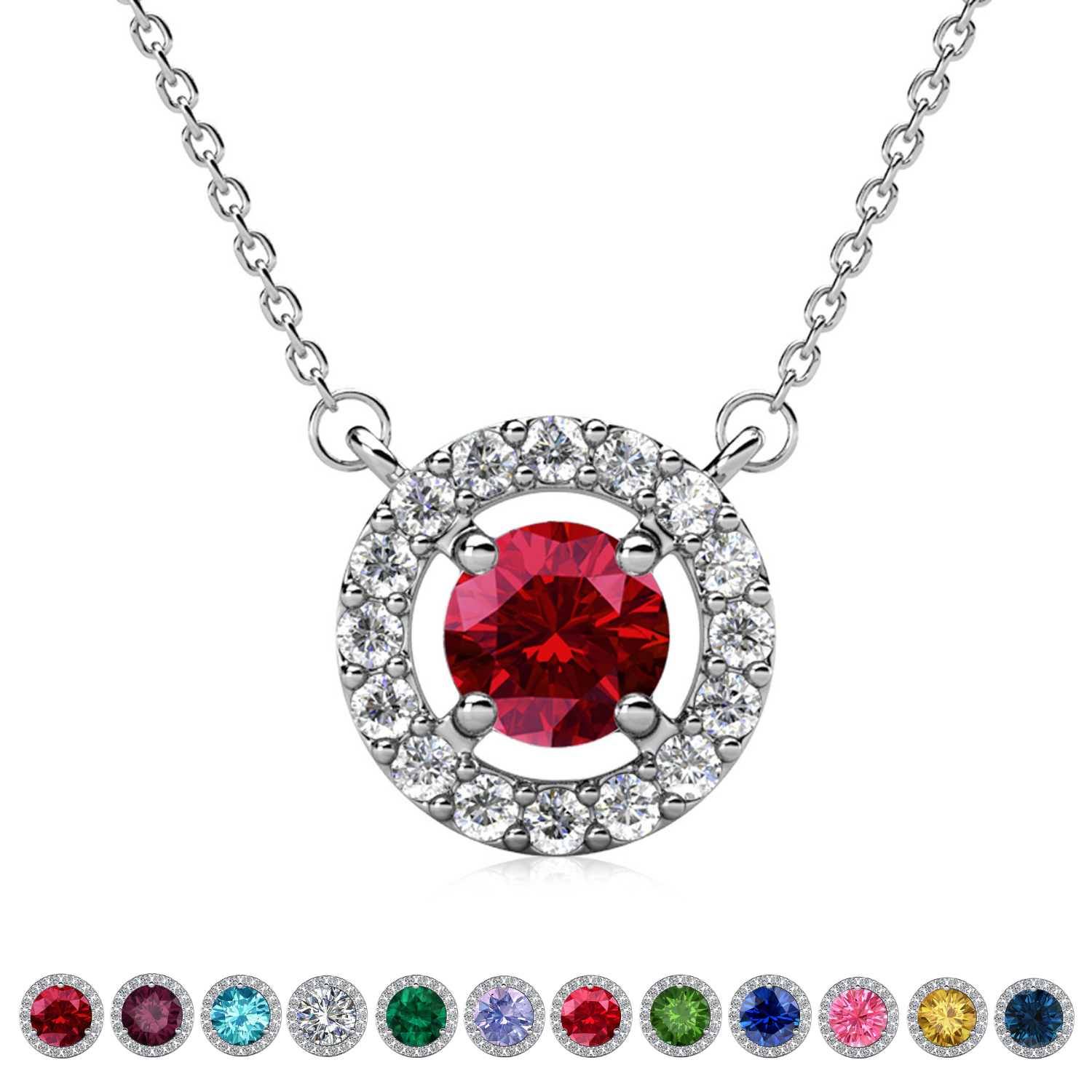 Royal Birthstone 18k White Gold Plated Halo Necklace with Round Cut Swarovski Crystals