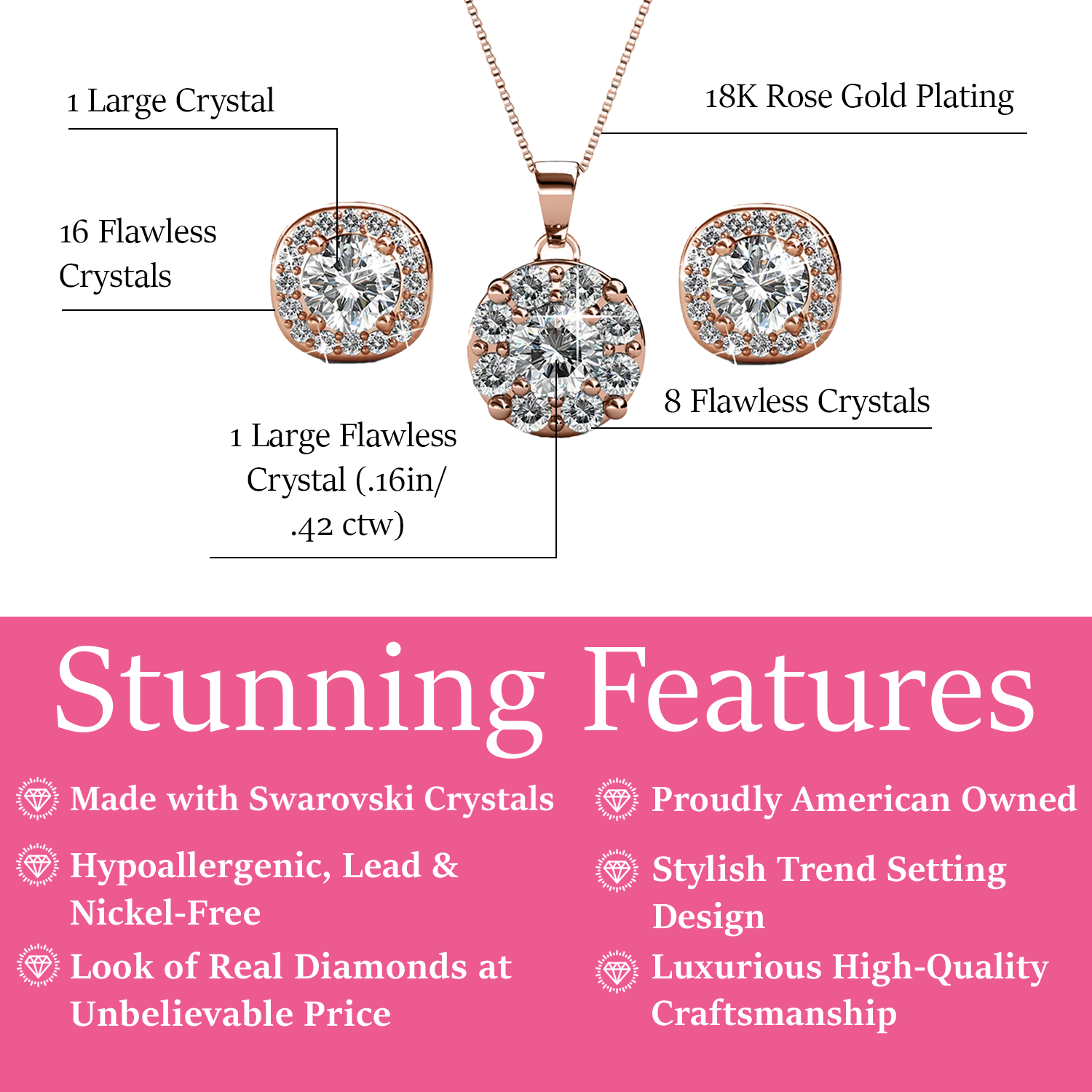 Ruth 18k White Gold Plated Stud Earrings and Necklace Jewelry Set with Swarovski Crystals