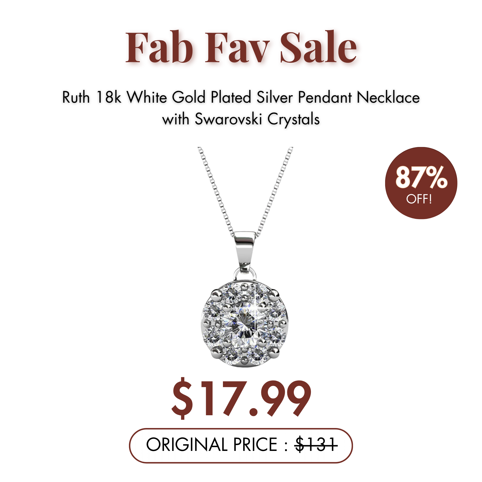 Ruth 18k White Gold Plated Silver Pendant Necklace with Swarovski Crystals  — Fab Fav Sale