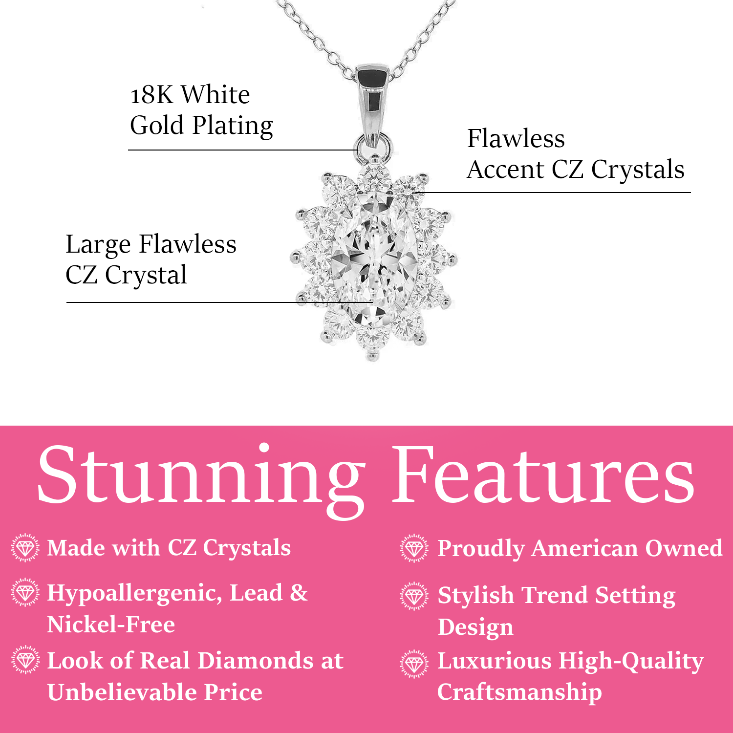 Sage 18k White Gold Plated Pendant Necklace with Oval Cut Simulated Diamond Crystals