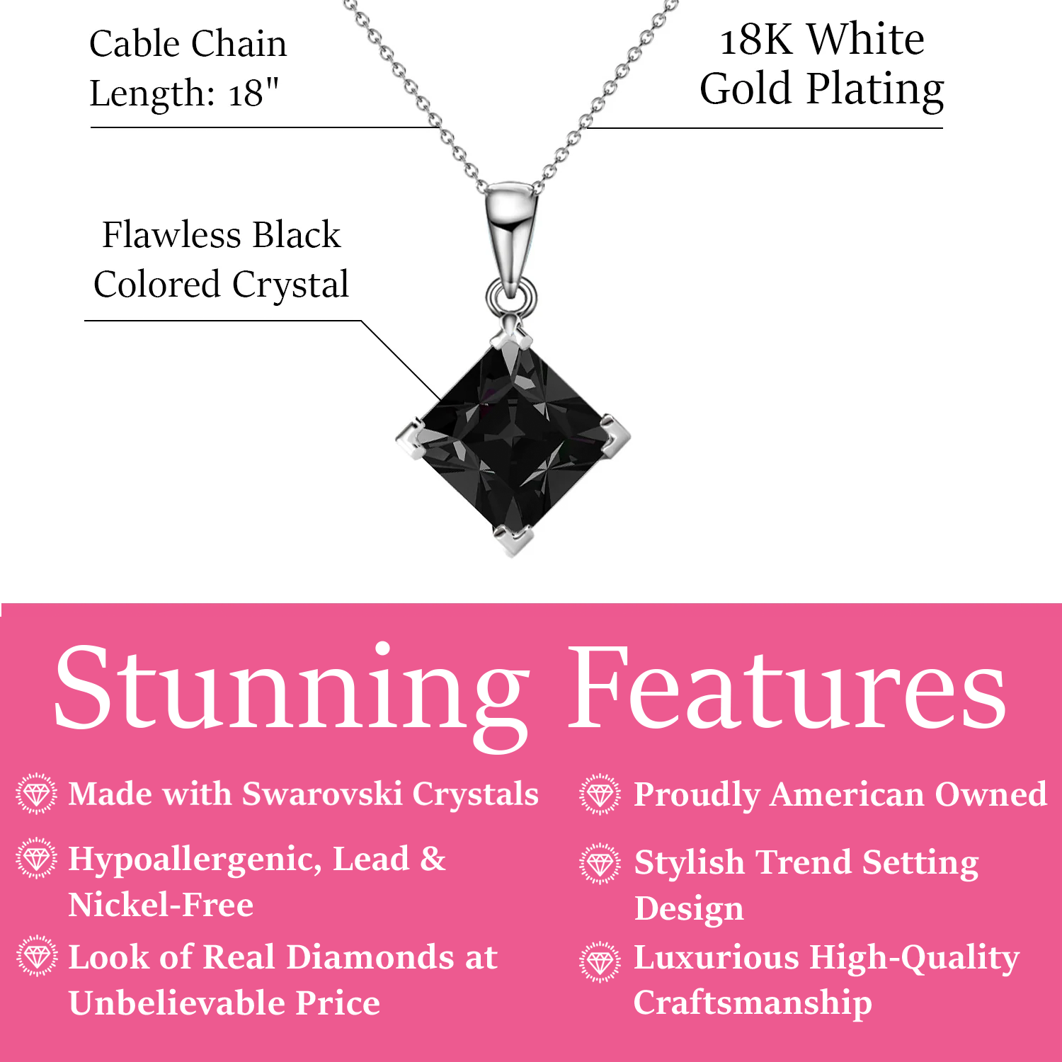 Samantha 18k White Gold Plated Pendant Necklace with Black Swarovski Crystal