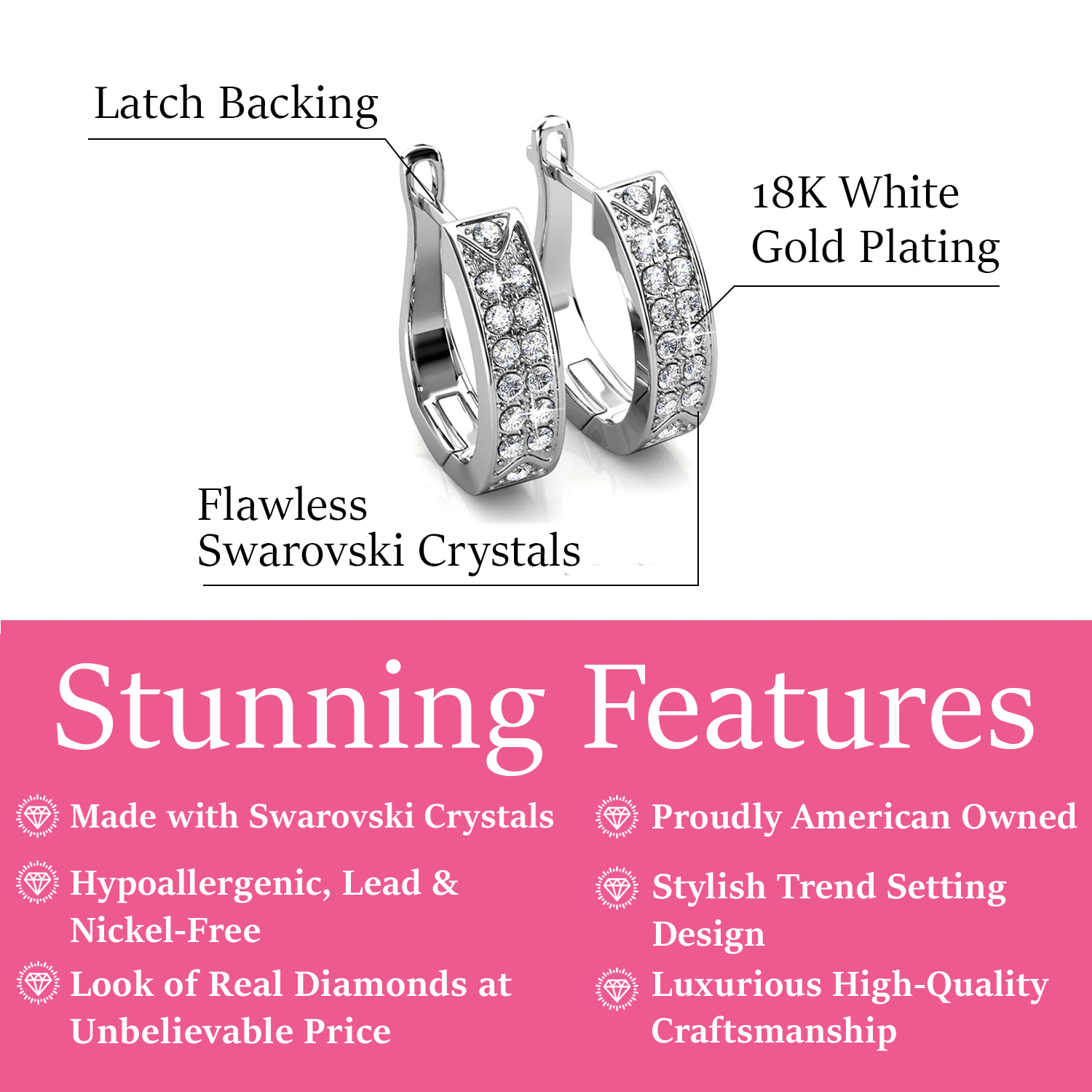 Sawyer 18k White Gold Plated 16mm Crystal Hoop Earrings with Swarovski Crystals