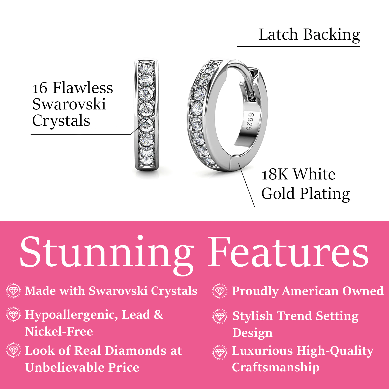 Skye 18k White Gold Plated 12mm Crystal Hoop Earrings with Swarovski Crystals