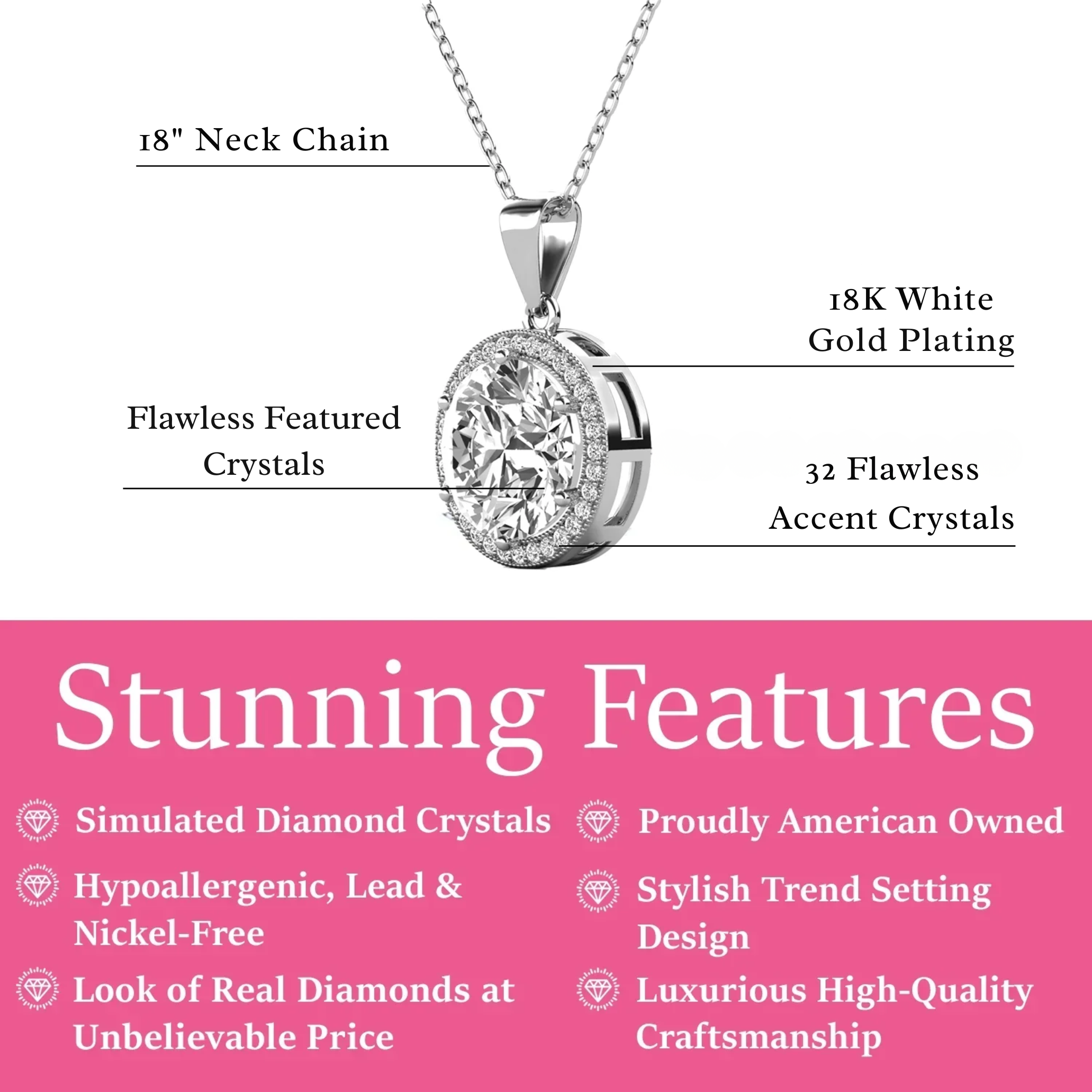 Sophia 18k White Gold Plated Pendant Necklace with Simulated Diamond Crystals