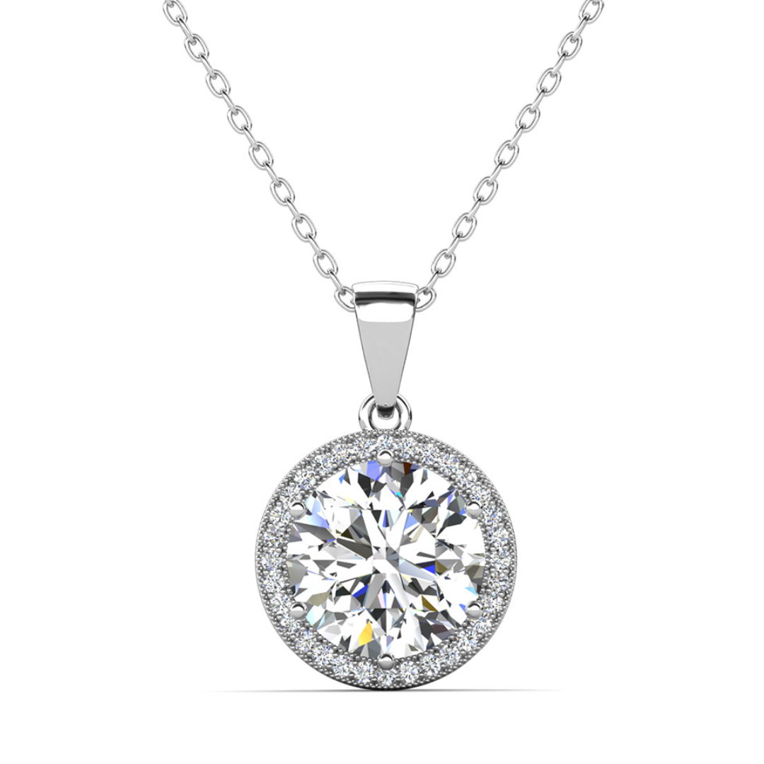 Mariah 18k White Gold Plated Halo Pendant Necklace with Round Cut Simulated Diamond Crystals
