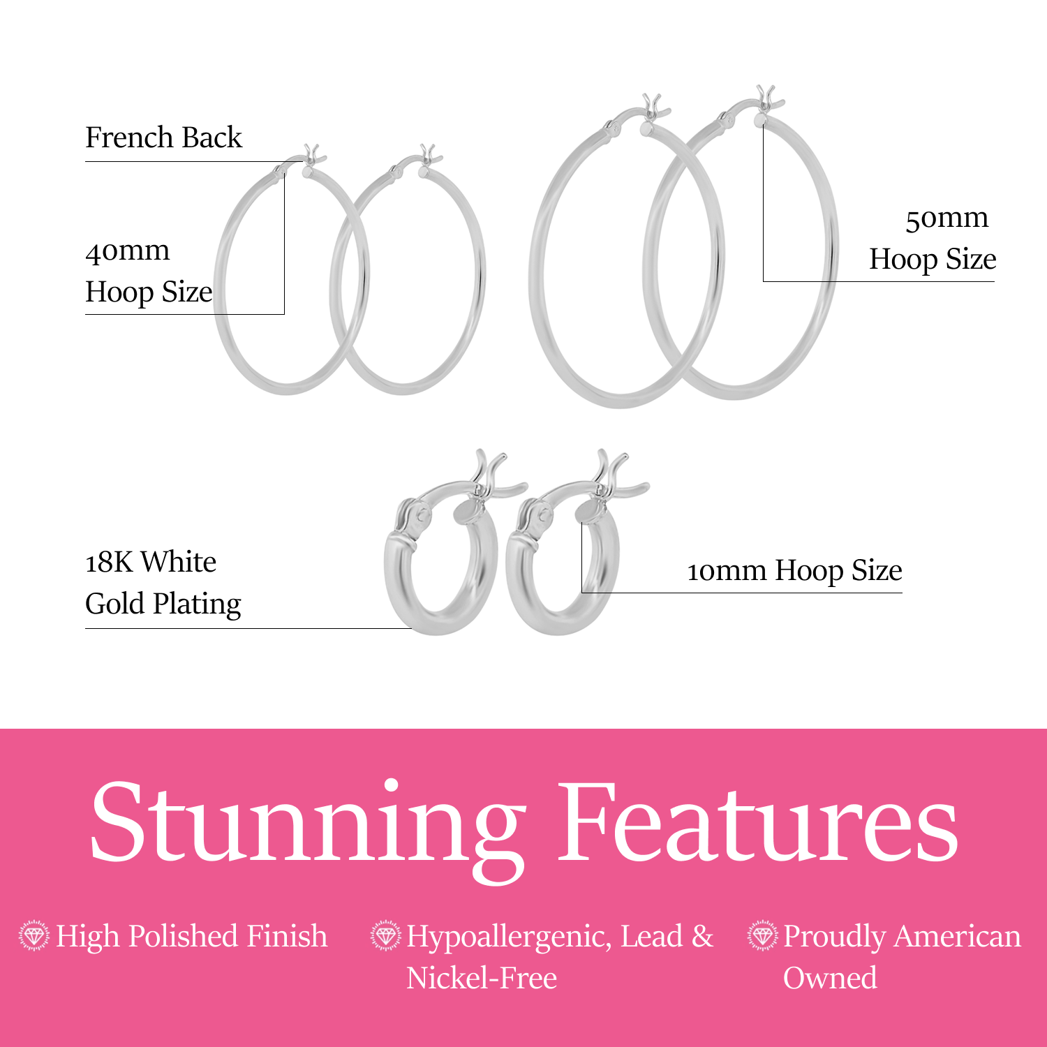 Monica 18k White Gold Plated 10/40/50mm Hoop Earrings (3 Pair Set)