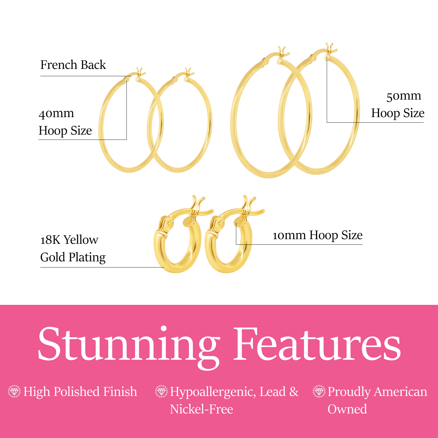 Monica 18k White Gold Plated 10/40/50mm Hoop Earrings (3 Pair Set)