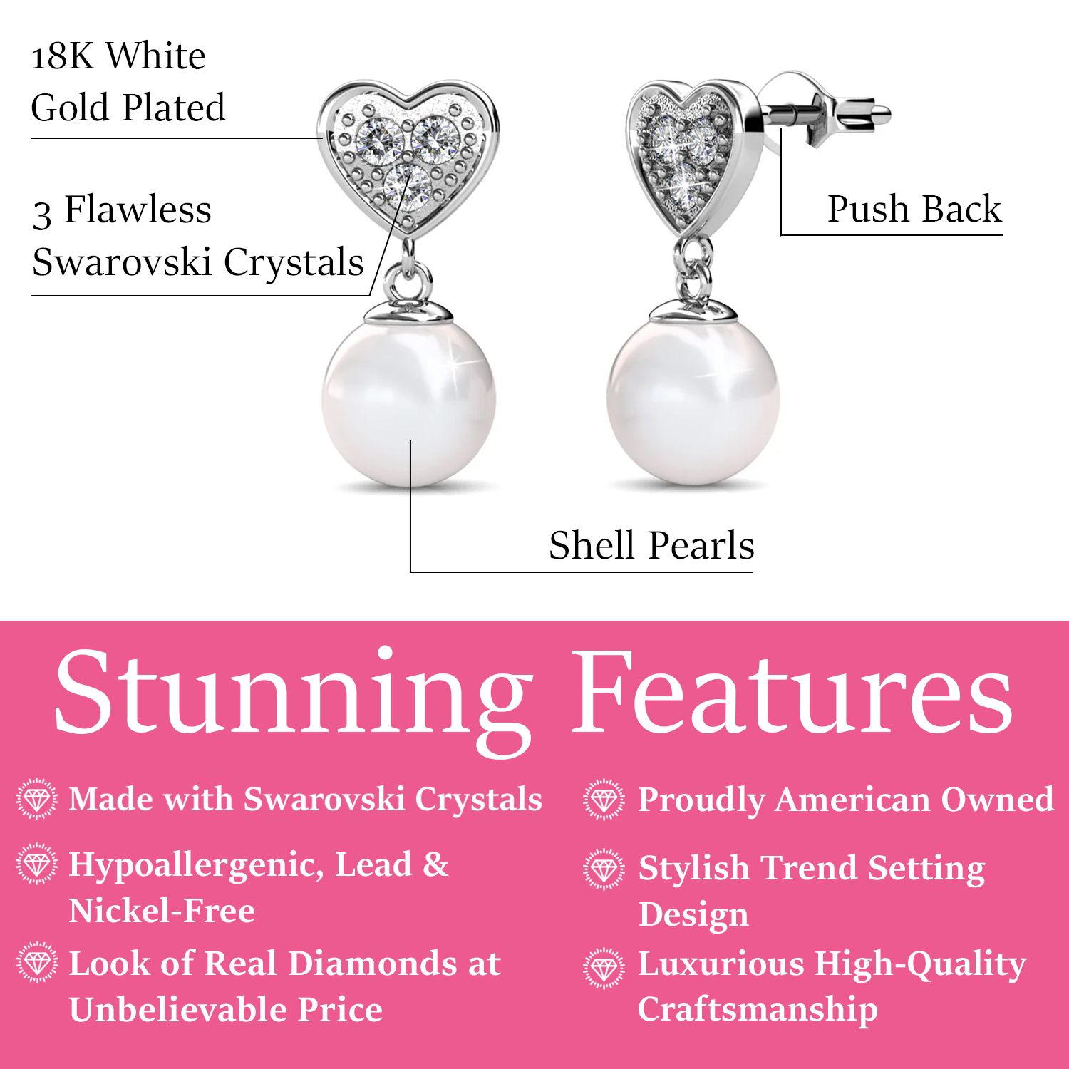 Kenley 18k White Gold Plated Heart Drop Earrings with Pearls and Swarovski Crystals — Fab Fav Sale