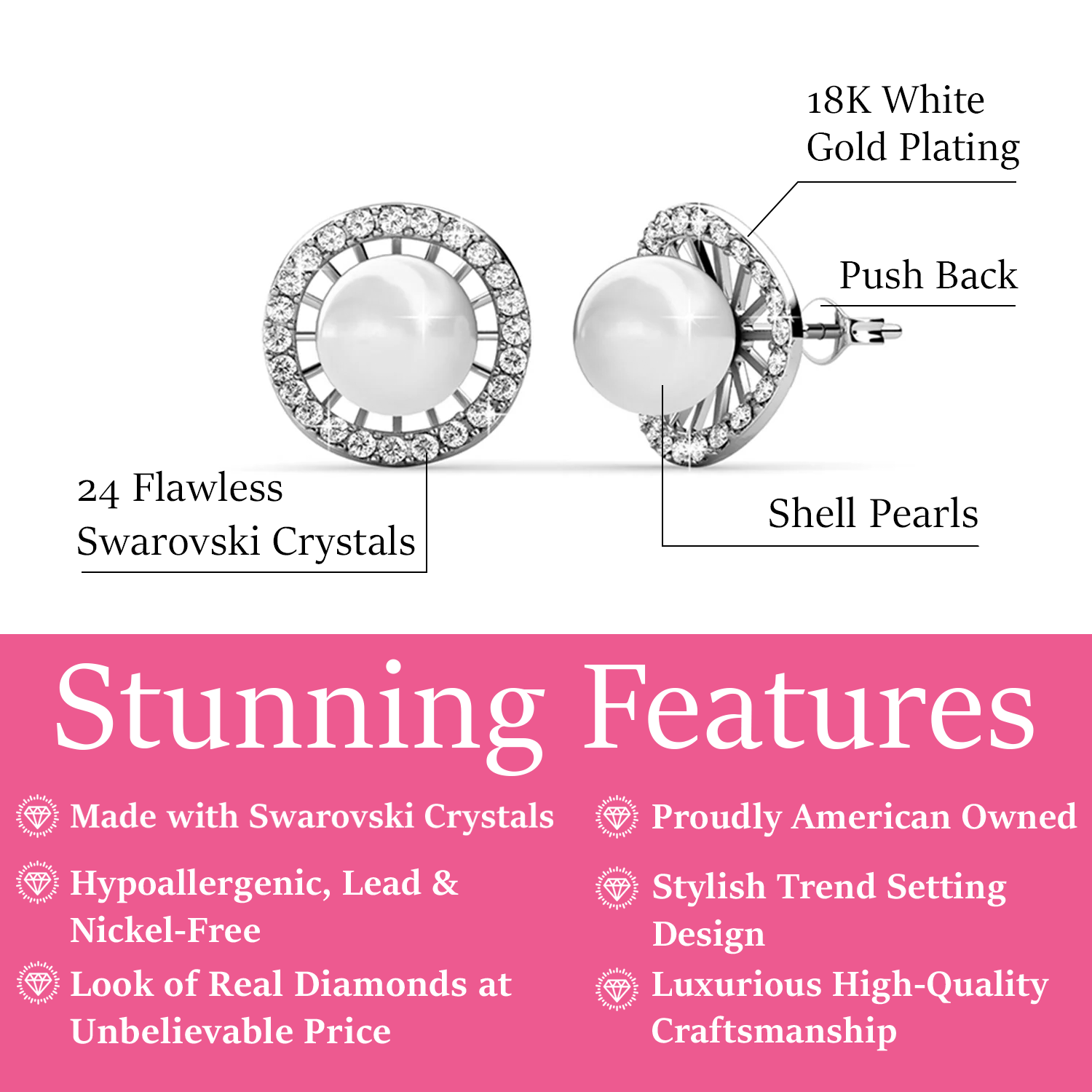 Nina 18k White Gold Plated Pearl Halo Stud Earrings with Swarovski Crystals