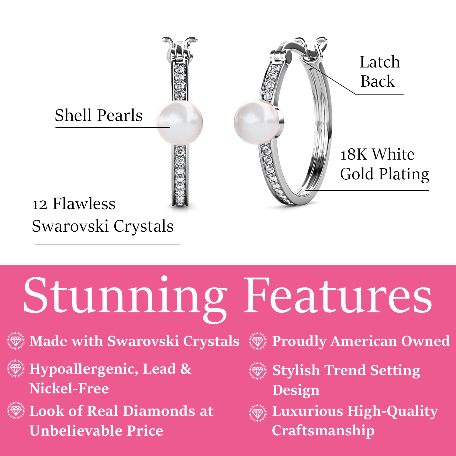 Nyla 18k White Gold Plated 22mm Pearl Hoop Earrings with Swarovski Crystals