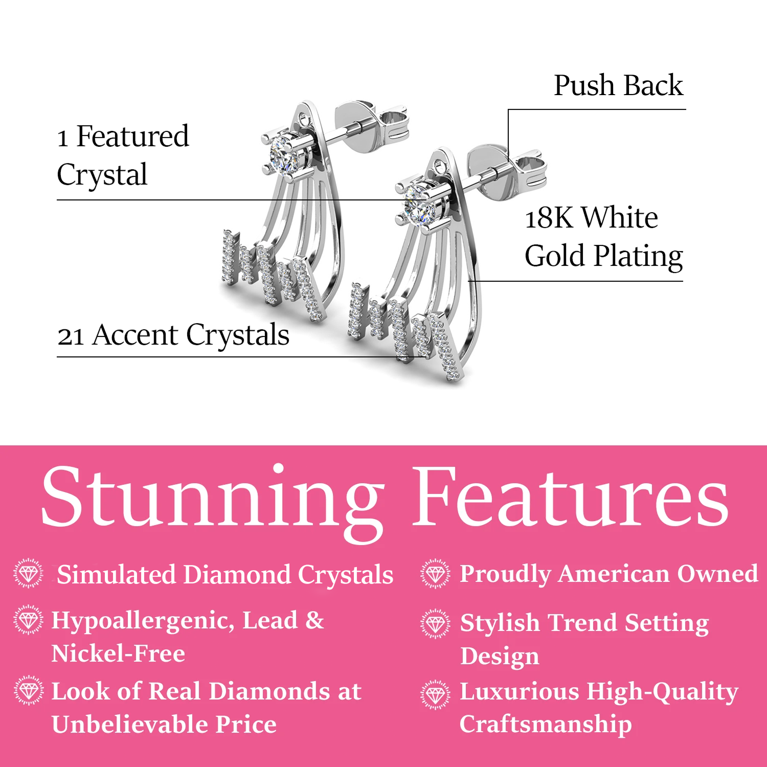 Angelina 18k White Gold Plated Stud Earrings Drop Claw Design with Simulated Diamond Crystals