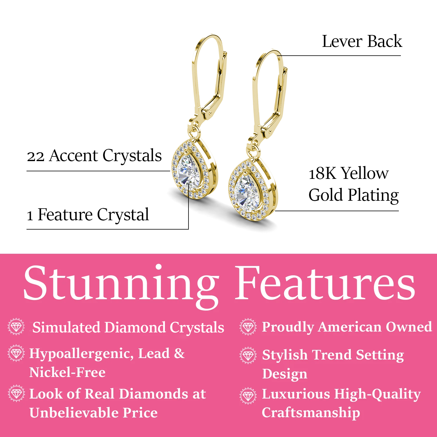 Izzy 18k White Gold Plated Halo Tear drop Dangle Earrings with Simulated Diamond Crystals