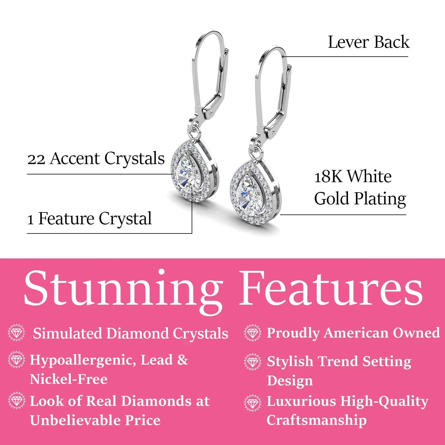 Izzy 18k White Gold Plated Halo Tear drop Dangle Earrings with Simulated Diamond Crystals