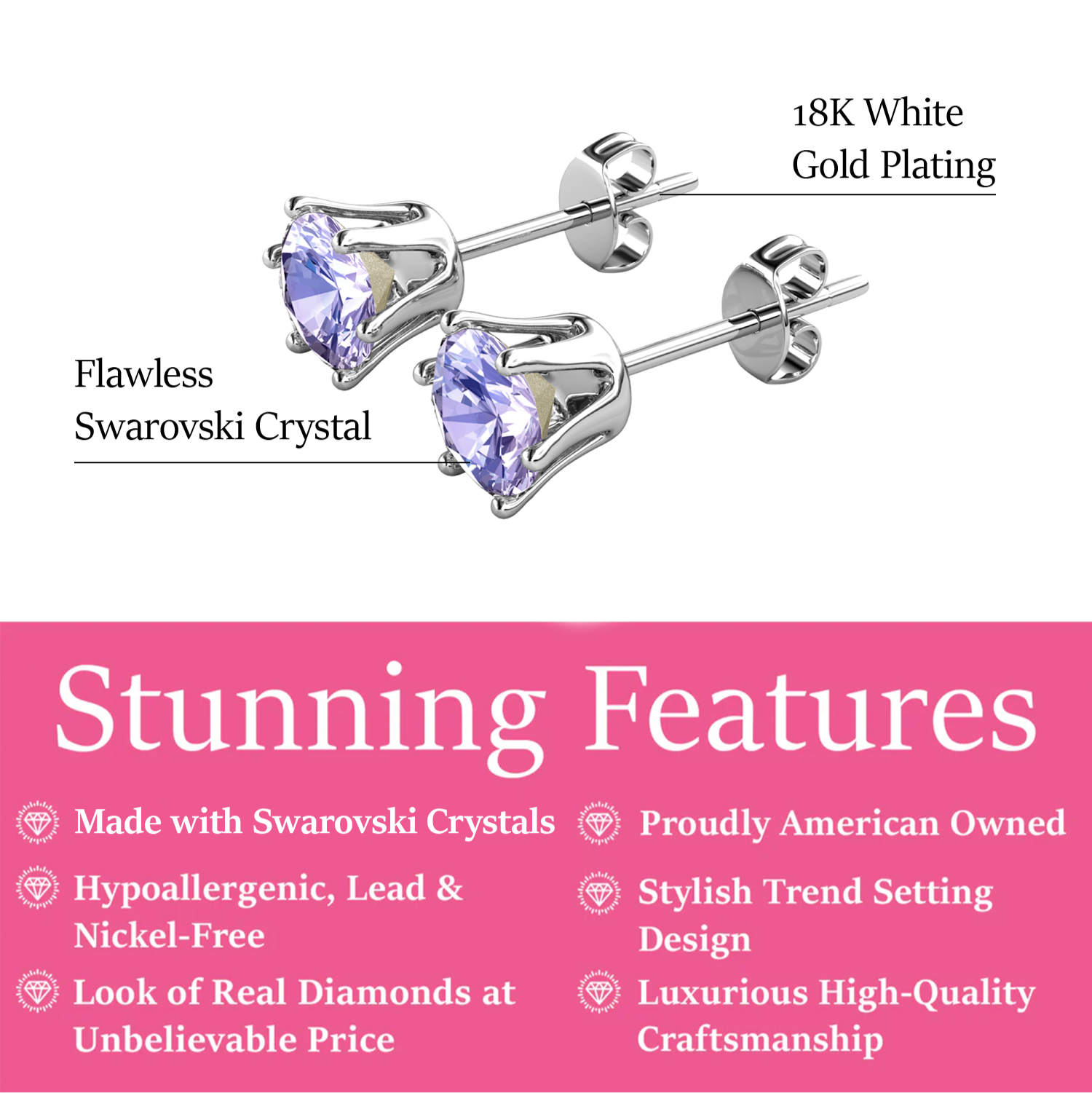 June Birthstone Alexandrite Earrings 18k White Gold Plated Stud Earrings with 1CT Swarovski Crystal