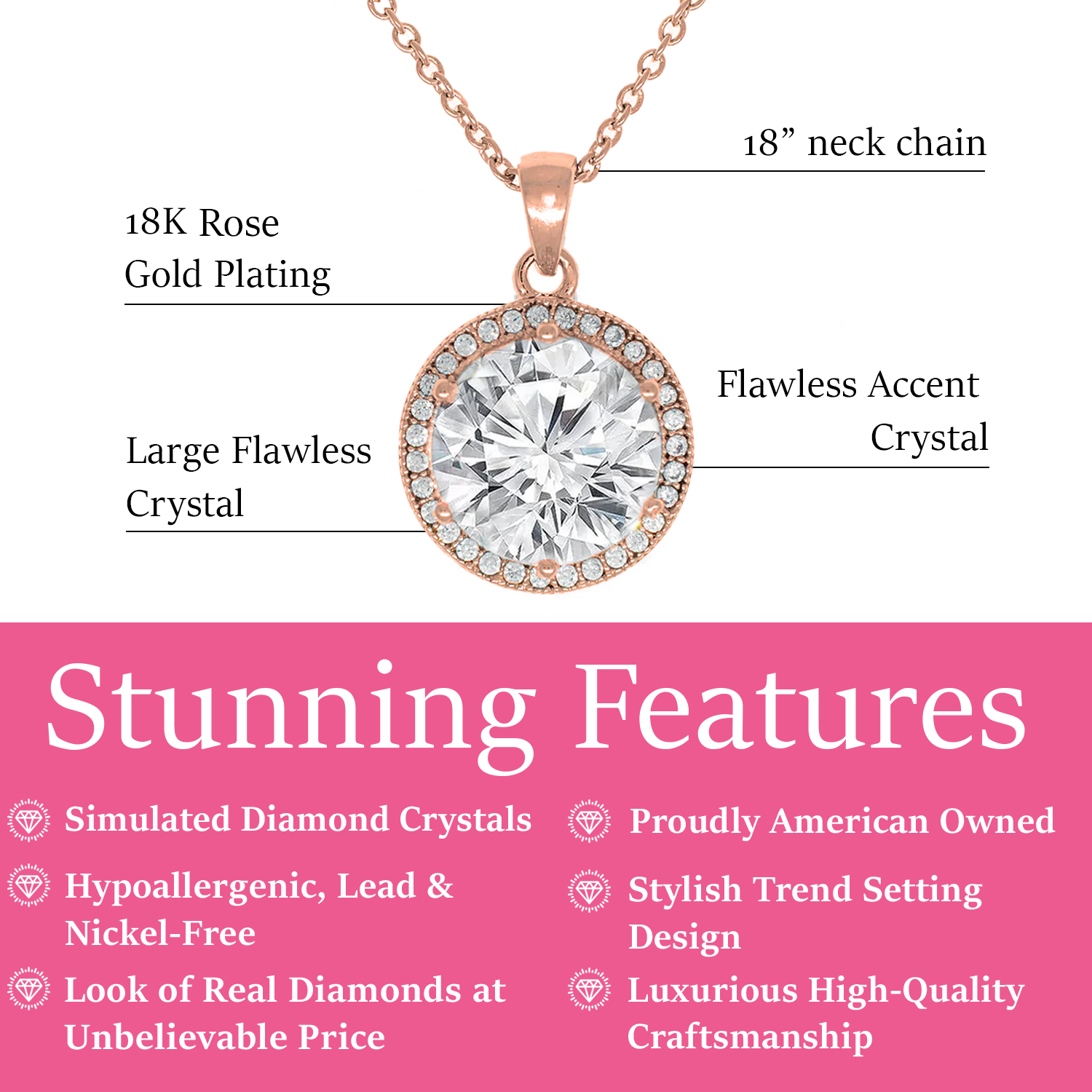 Mariah 18k White Gold Plated Halo Pendant Necklace with Round Cut Simulated Diamond Crystals