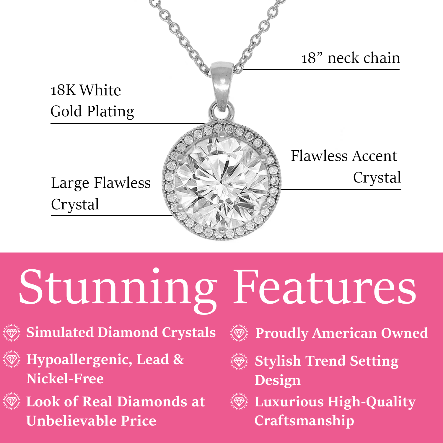 Mariah 18k White Gold Plated Halo Pendant Necklace with Round Cut Simulated Diamond Crystals