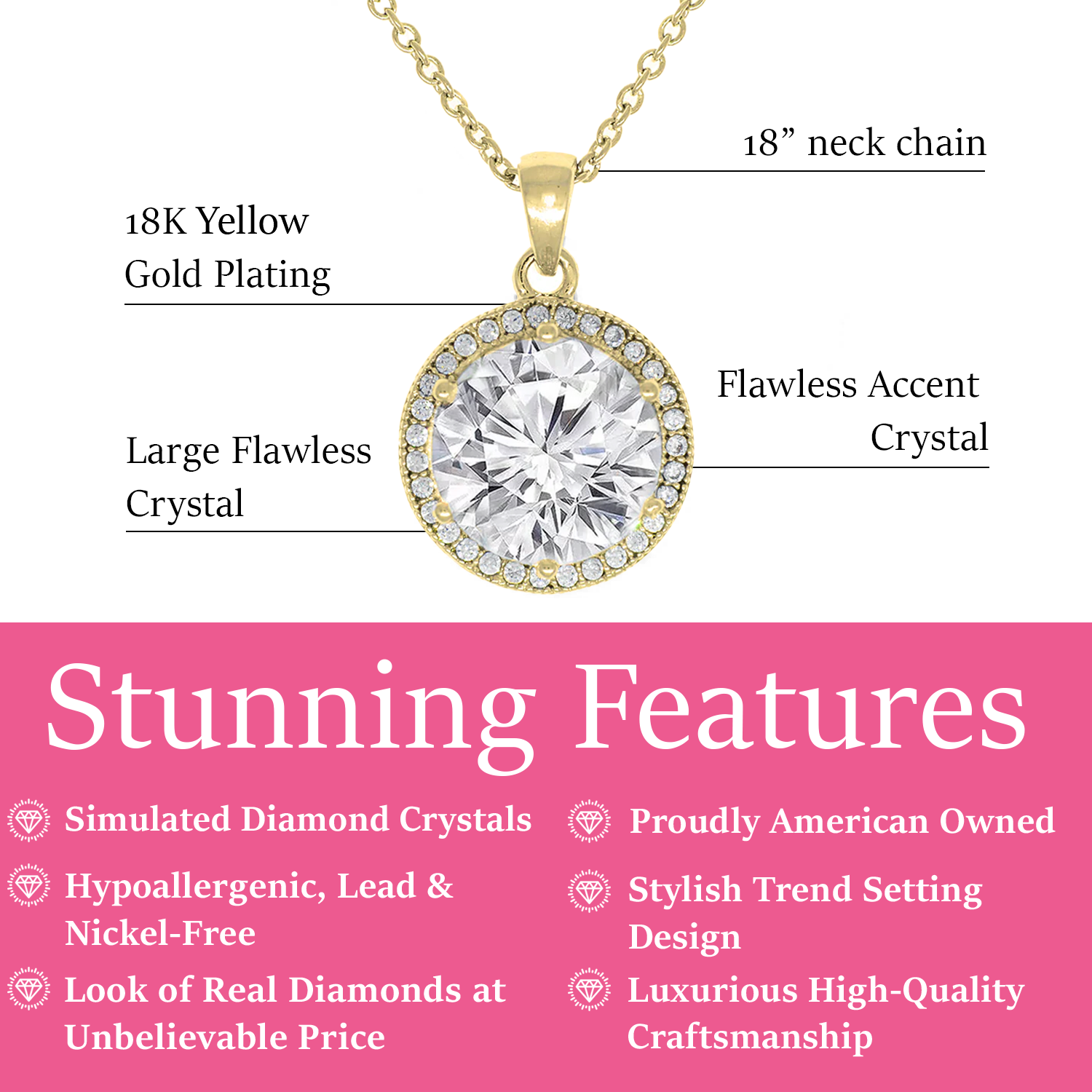 Mariah 18k White Gold Plated Halo Pendant Necklace with Round Cut Simulated Diamond Crystals