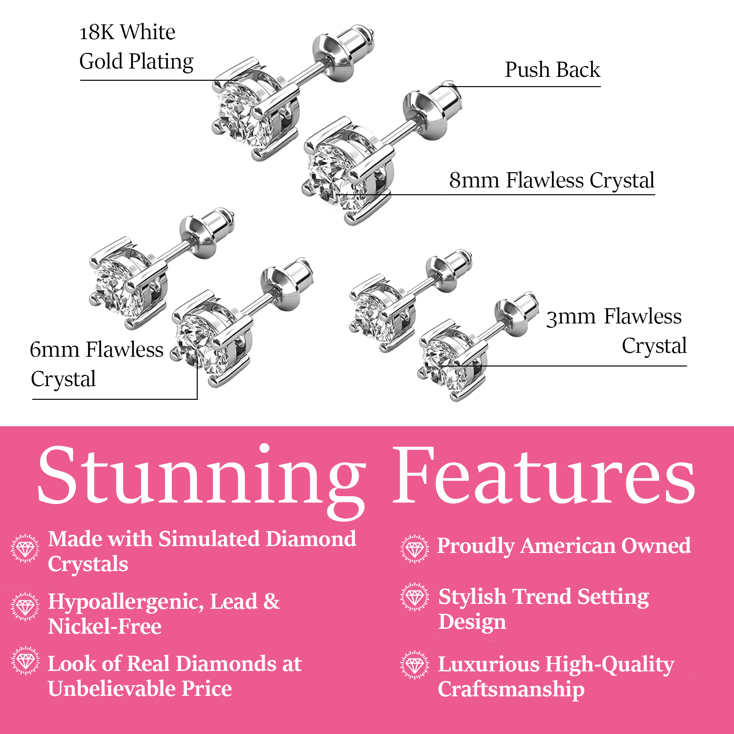 Mia 18k White Gold Plated Sterling Silver Stud Earrings with Simulated Diamond Crystals