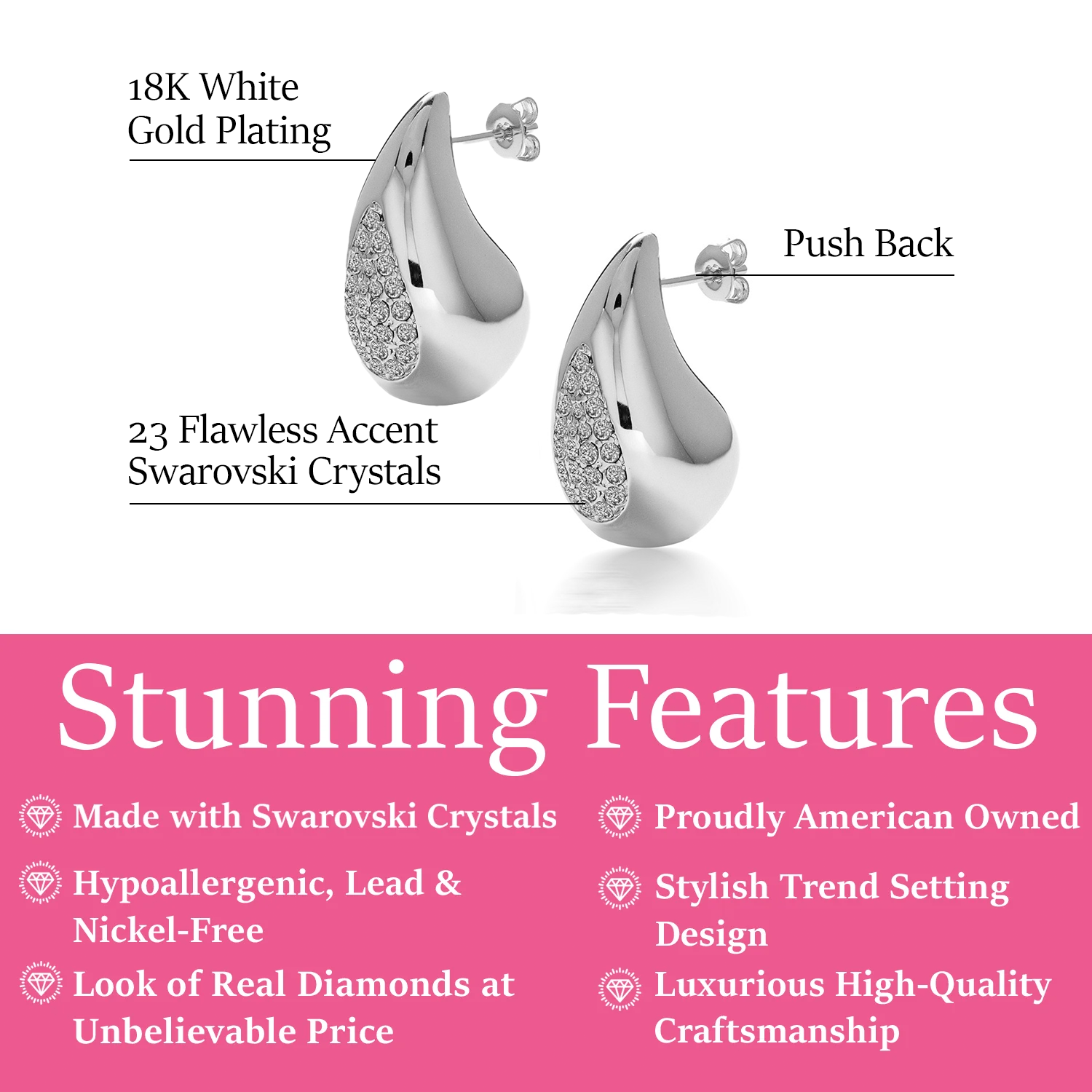 Sally 18k White Gold Plated Tear drop Stud Earrings with Swarovski Crystals