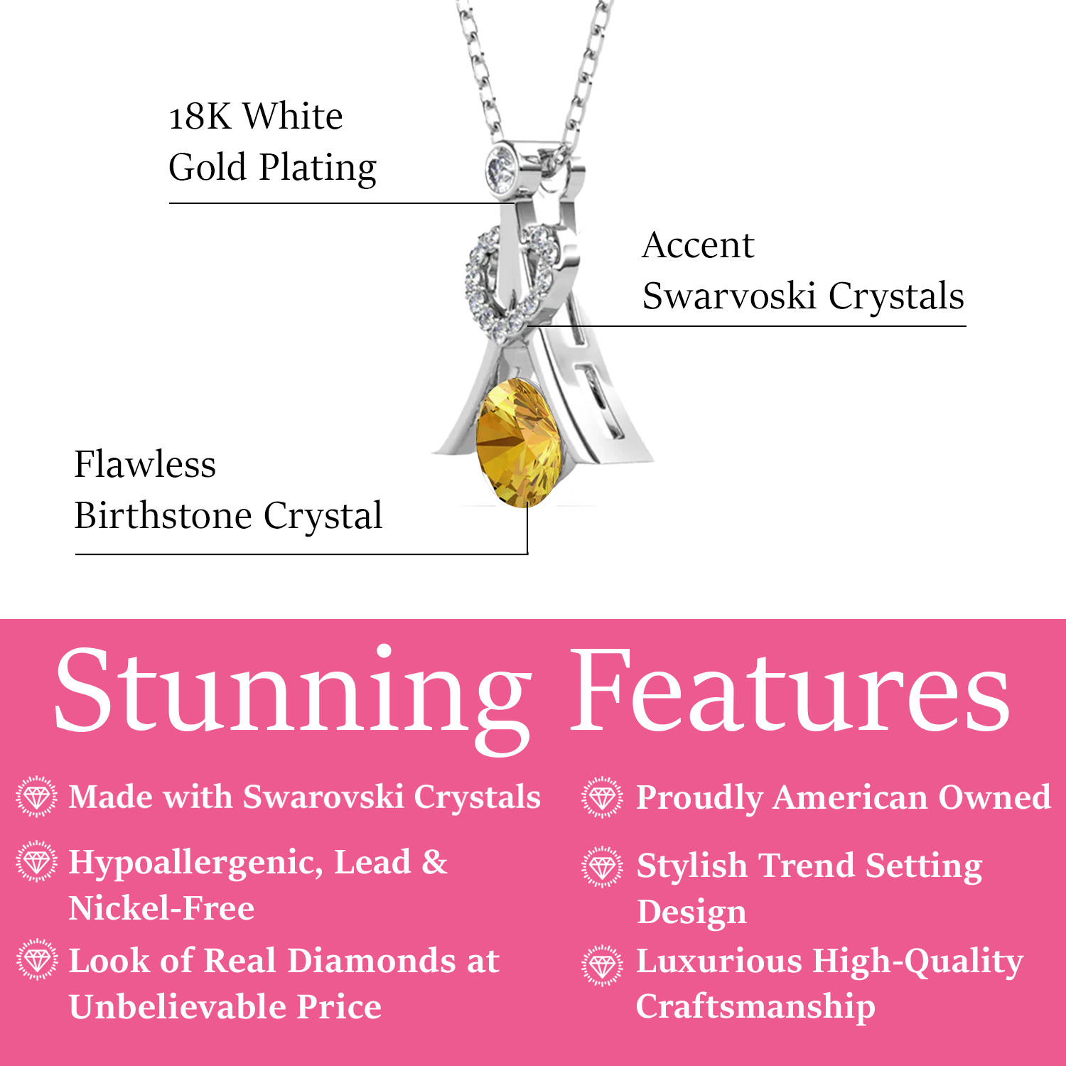 Serenity November Birthstone Citrine Necklace 18k White Gold Plated Silver Necklace with Round Cut Swarovski Crystals