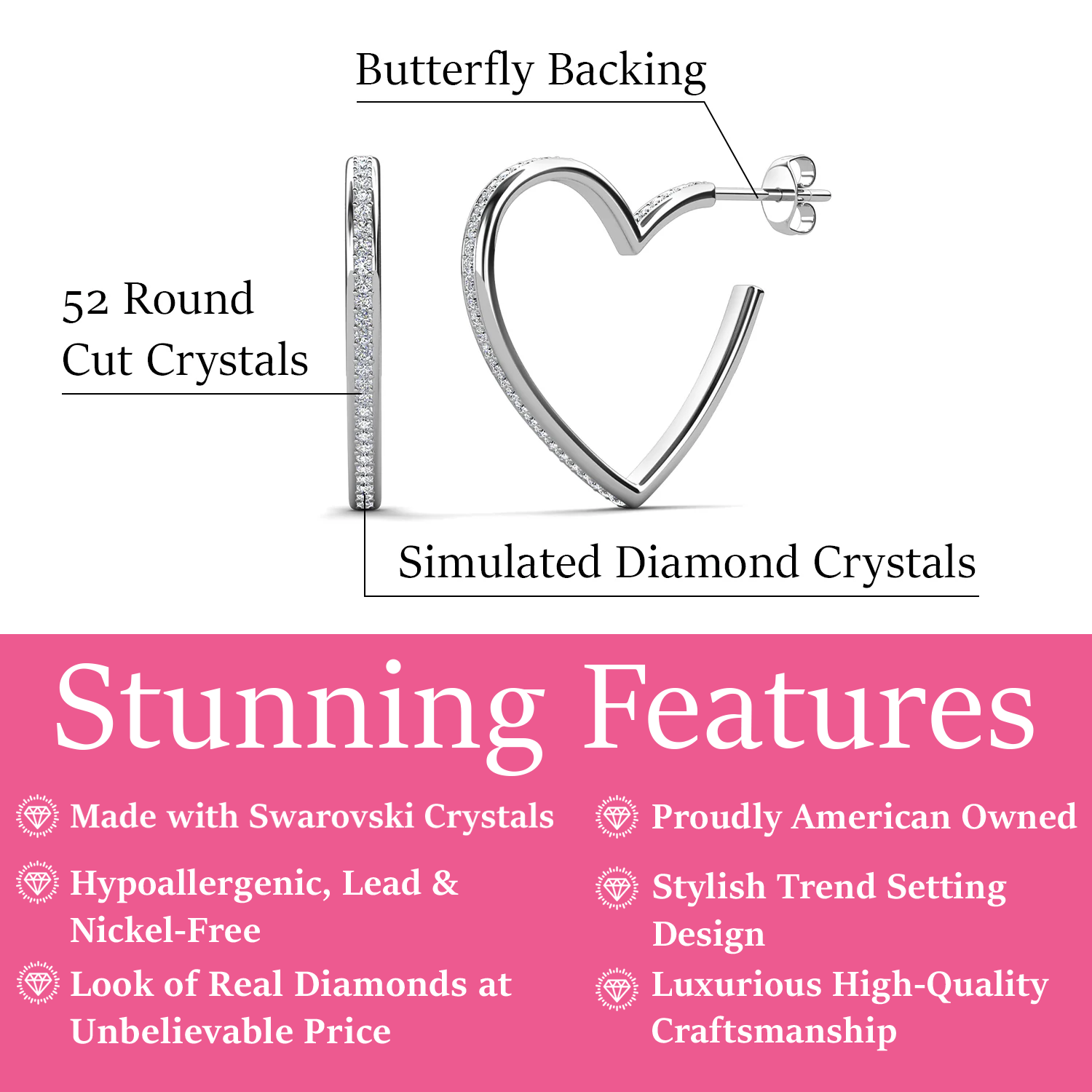 Sylvia 18k White Gold Plated 25mm Heart Hoop Earrings with Swarovski Crystals