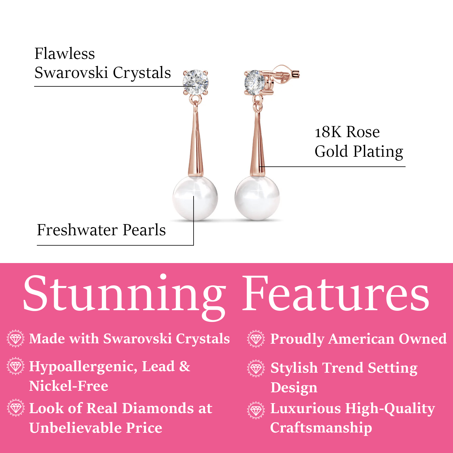Tatum 18k White Gold Plated Pearl Dangling Stud Earrings with Swarovski Crystal