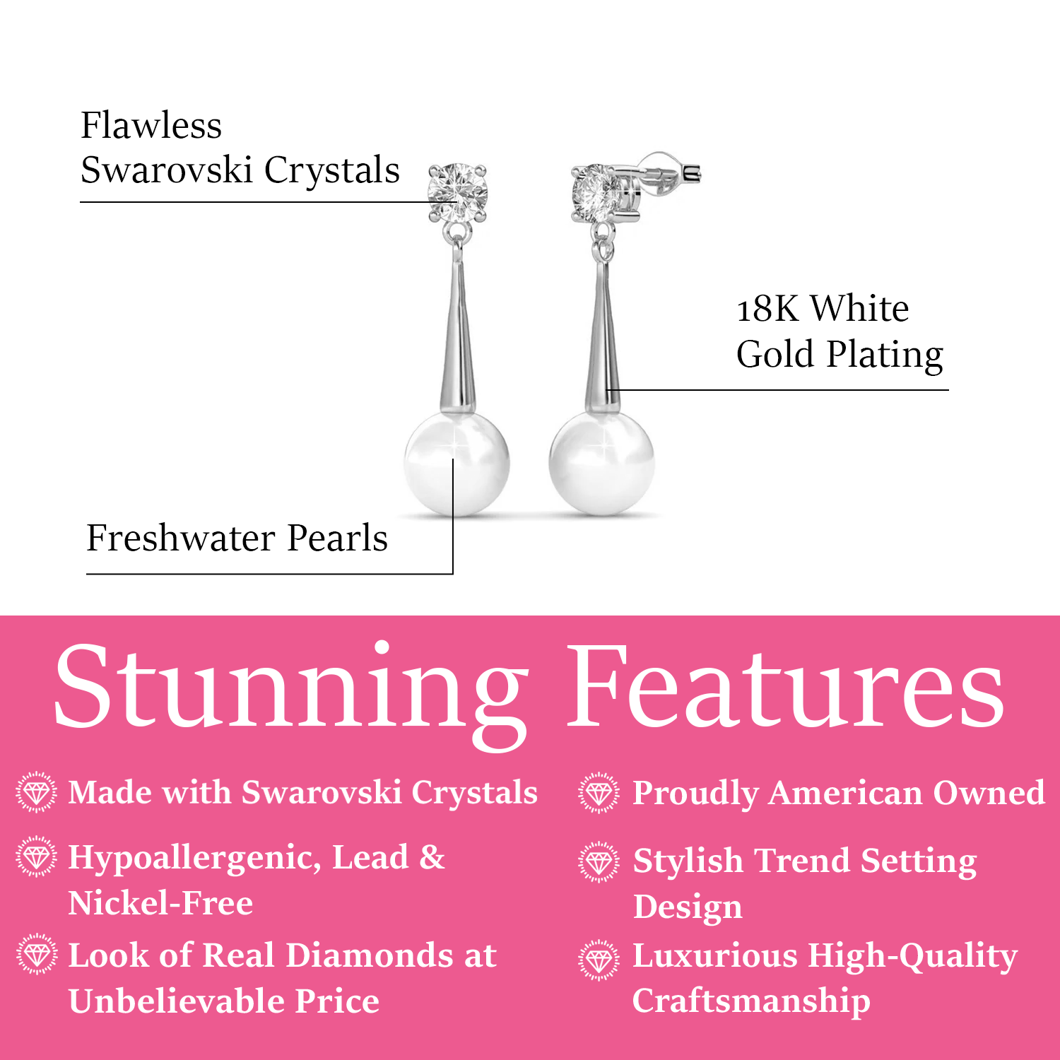 Tatum 18k White Gold Plated Pearl Dangling Stud Earrings with Swarovski Crystal
