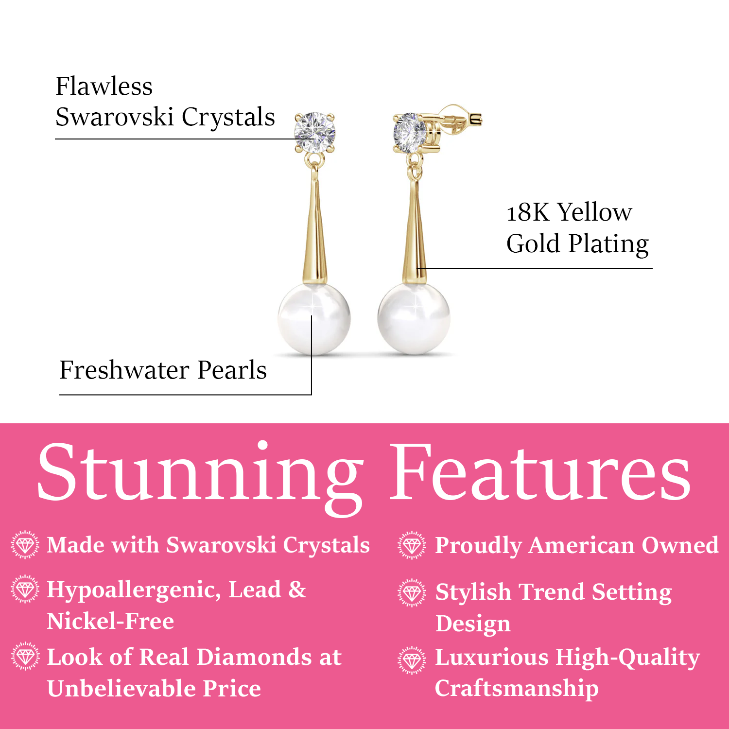 Tatum 18k White Gold Plated Pearl Dangling Stud Earrings with Swarovski Crystal