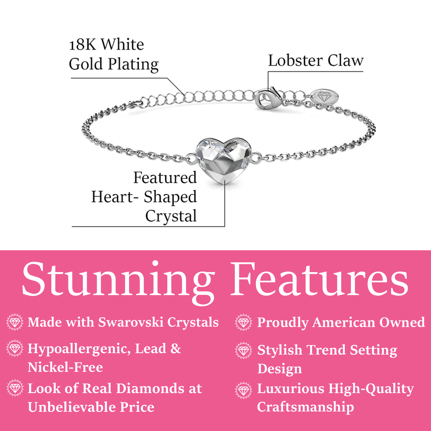 Violet 18k White Gold Plated Heart Bracelet with Swarovski Crystal