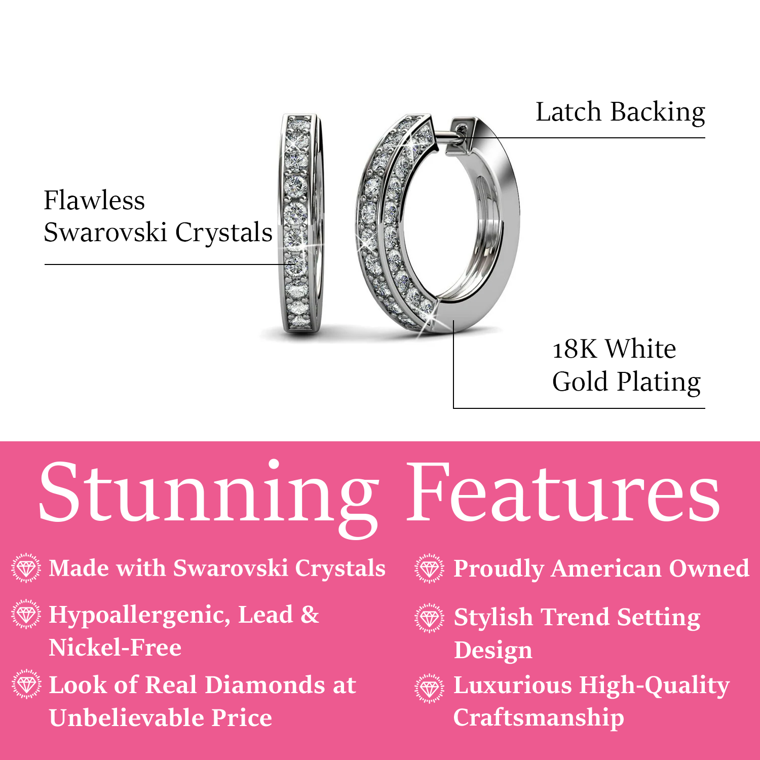 Viviana 18k White Gold Plated 17mm Hoop Earrings with Swarovski Crystals