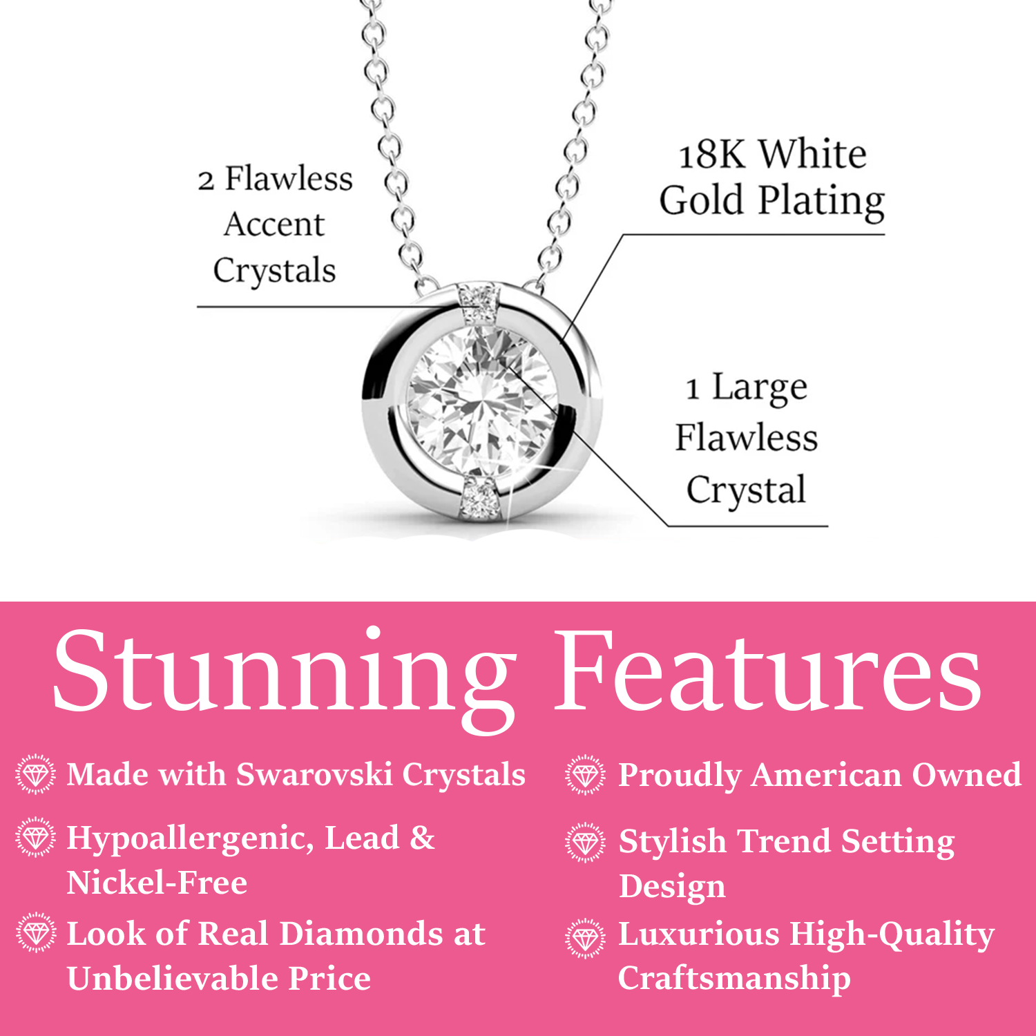 Features of Zara Pendant Necklace with Round-Cut Swarovski Crystals in 18k White Gold Plating
