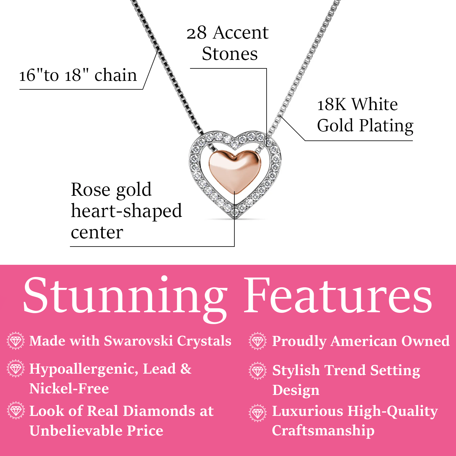 Susan 18k White Gold Plated Halo Heart Necklace with Swarovski Crystals