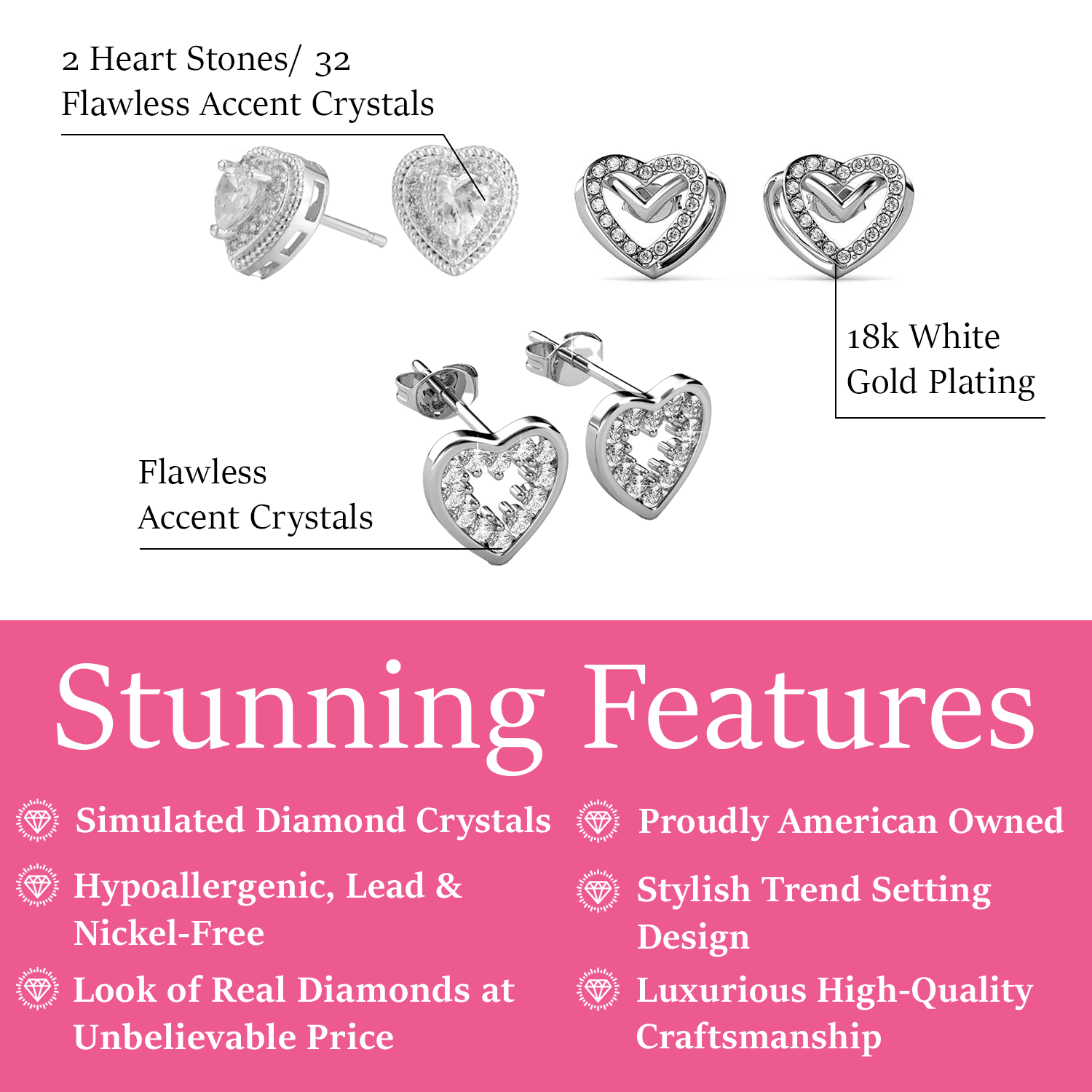 Coraline, Ainsley, Cathy 18k White Gold Plated Stud Earrings for Women (3 Pair Set)