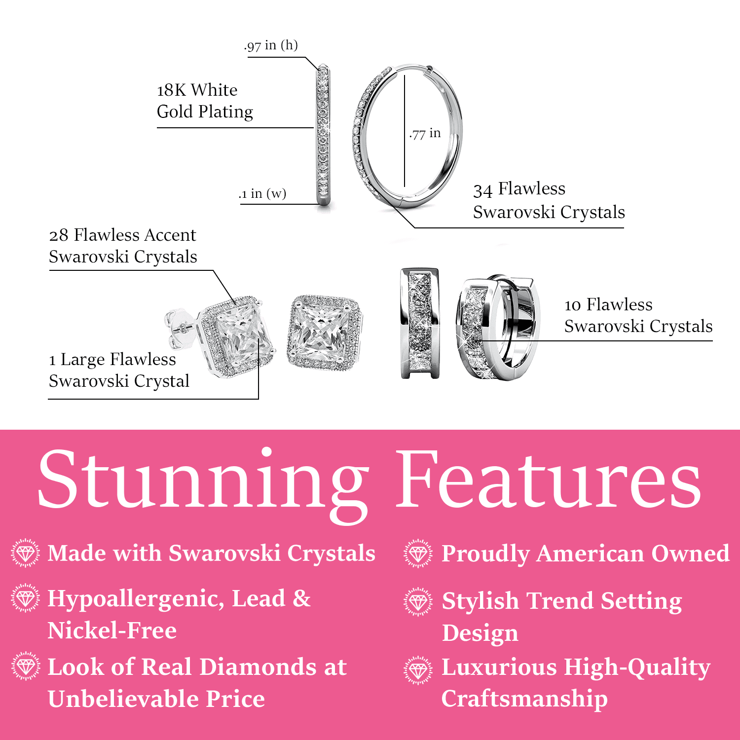 Pack of 3 - Bianca, Norah, Giselle 18k White Gold Plated Earrings with Simulated Diamond Crystals