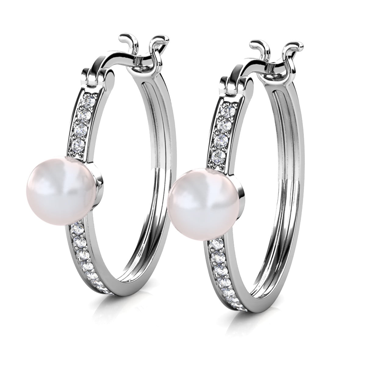 Nyla 18k White Gold Plated 22mm Pearl Hoop Earrings with Swarovski Crystals