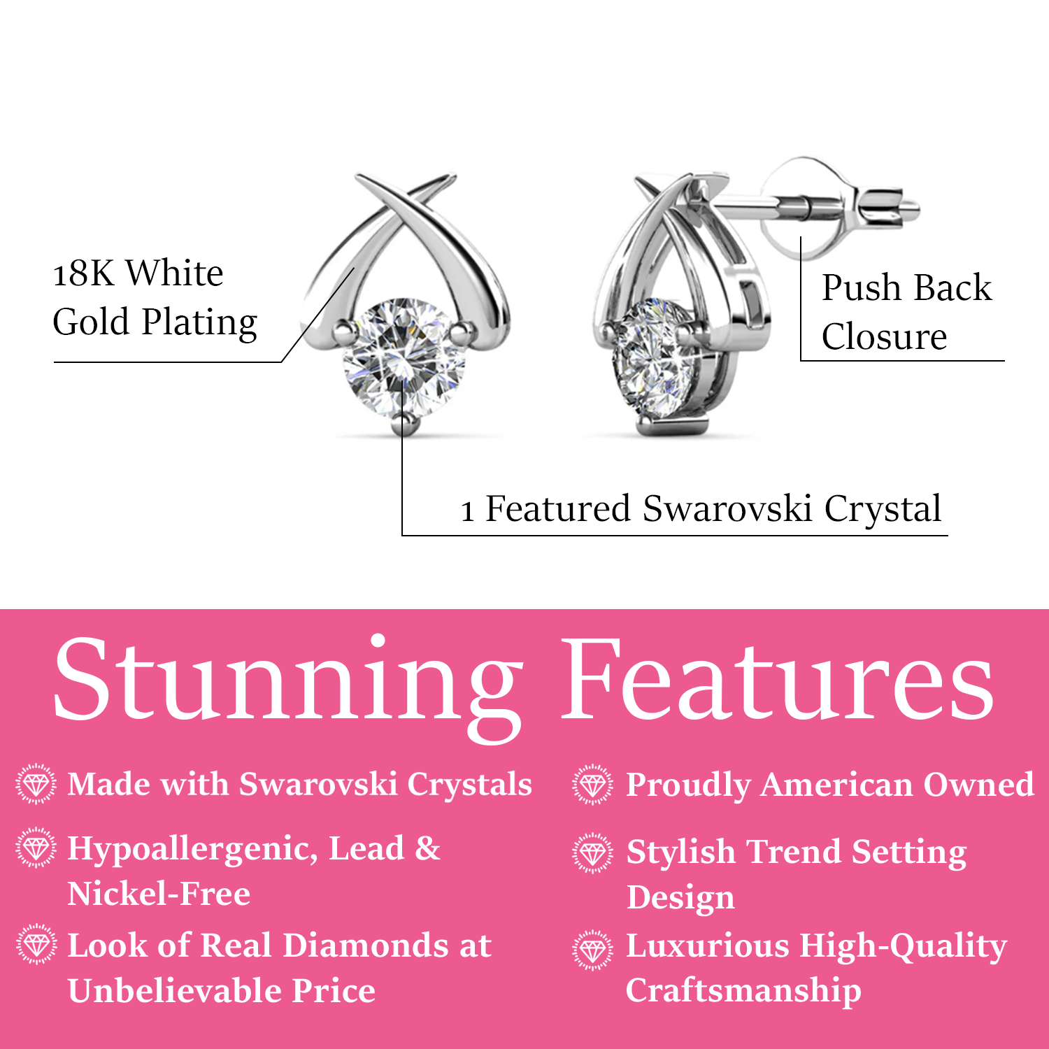 Eloise 18k White Gold Plated Stud Earrings with Solitaire Round Cut Swarovski Crystal