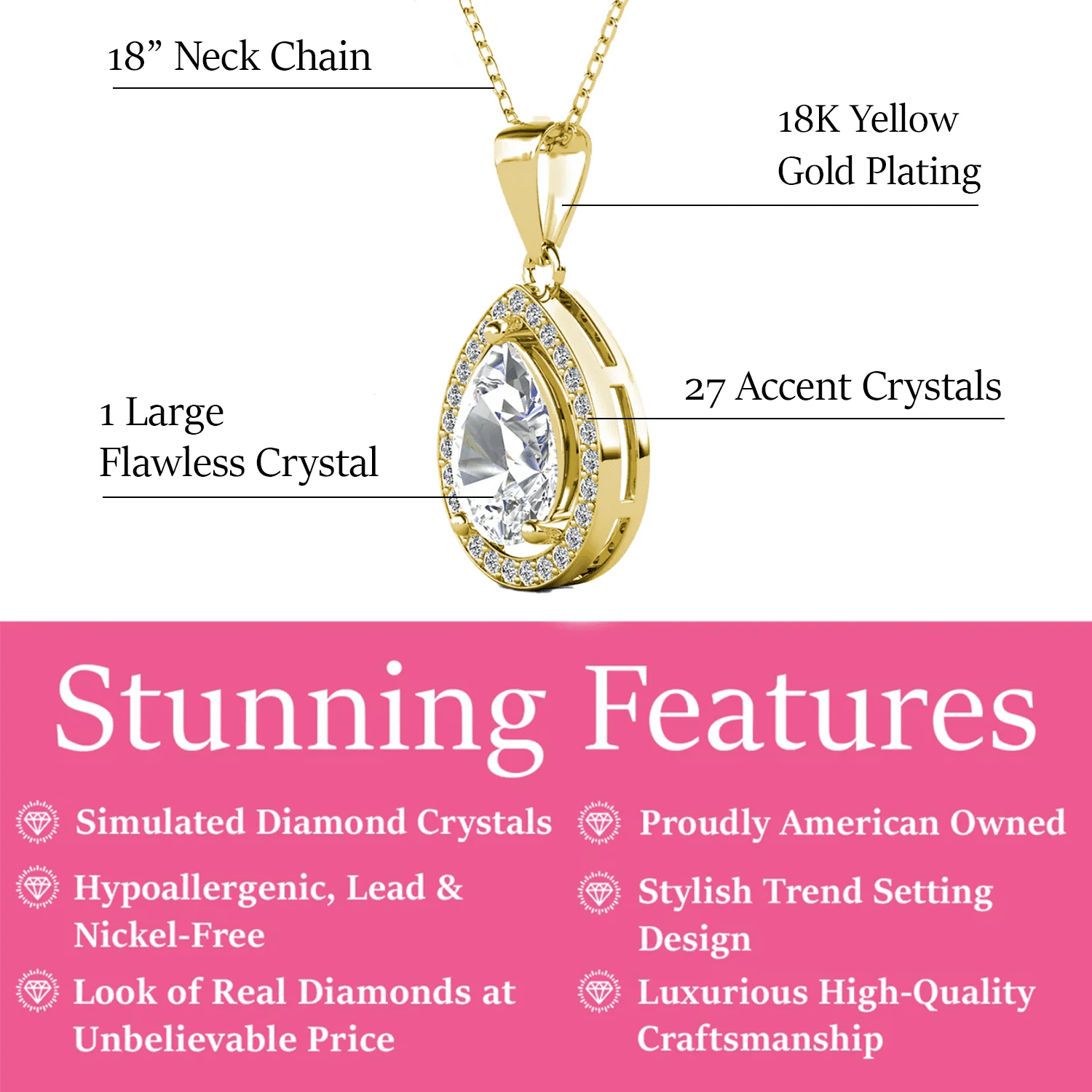 Isabel 18k White Gold Plated Halo Teardrop Necklace with Simulated Diamond Crystal