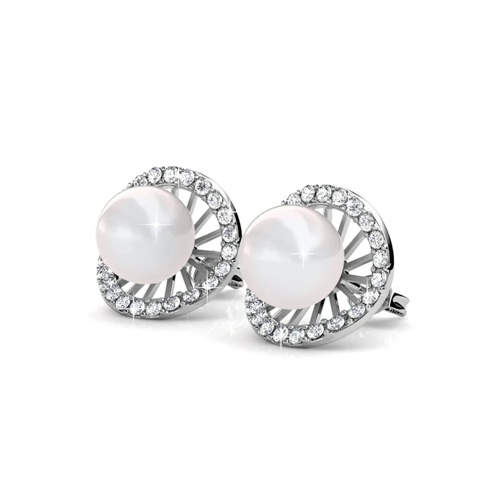 Nina 18k White Gold Plated Pearl Halo Stud Earrings with Swarovski Crystals