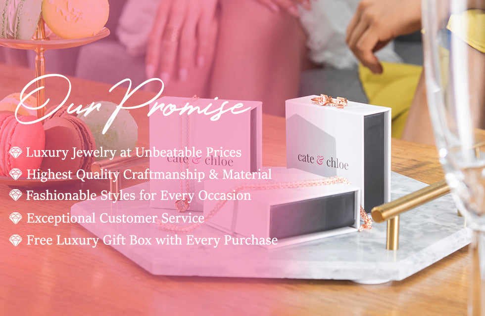 Cate & Chloe Waverly hoop earrings on gift box with brand promises