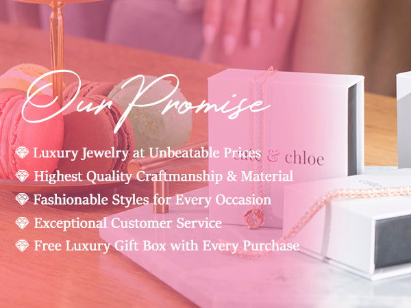 Cate & Chloe necklace on white gift box with macarons, highlighting luxury jewelry and free gift box