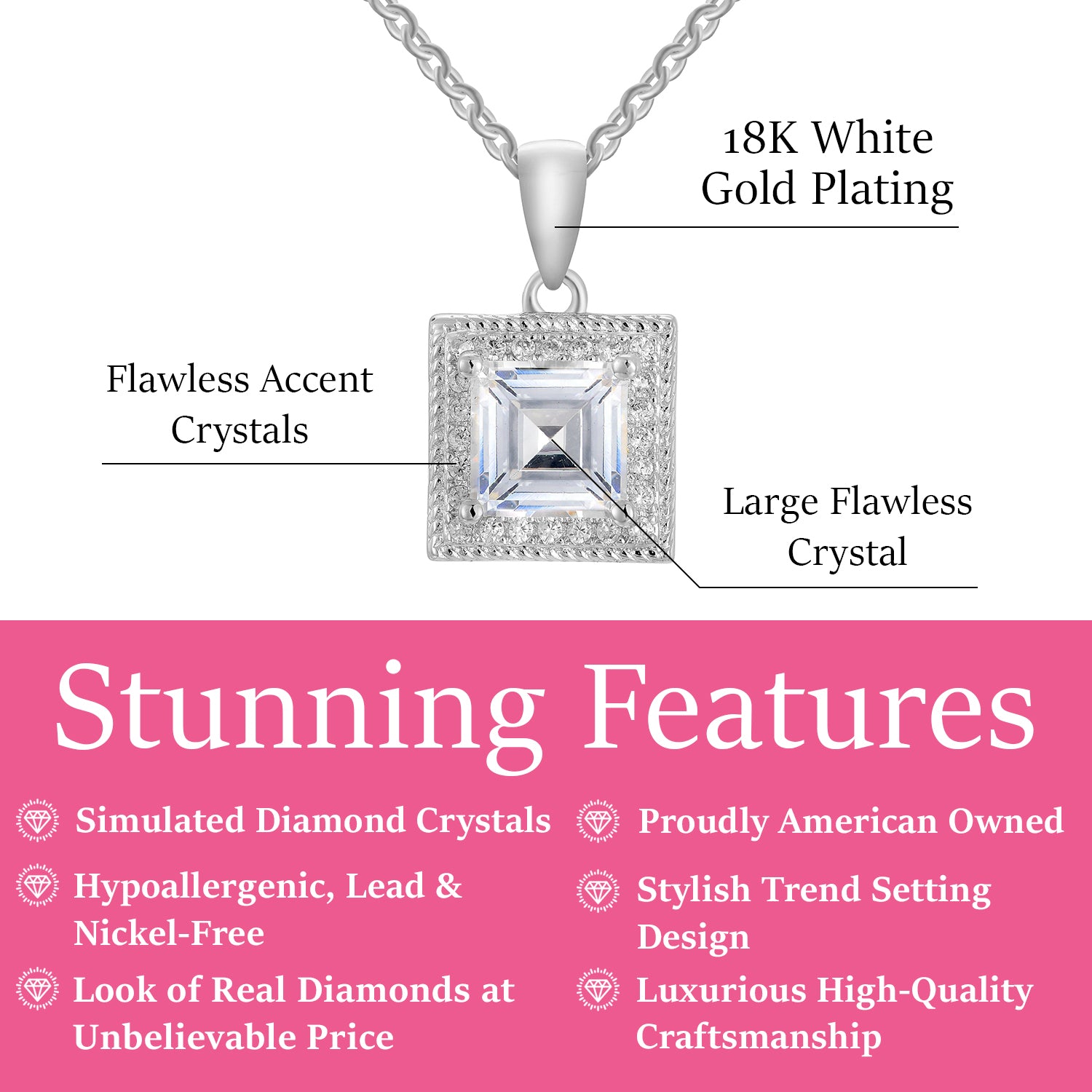 Rebecca 18k White Gold Plated Silver Necklace with Princess Cut Simulated Diamond Crystals — Final Sale