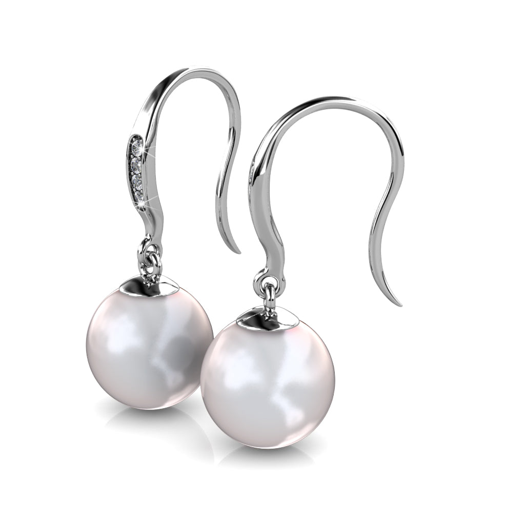 Betty 18k White Gold Plated Shell Pearl Drop Dangle Earrings with Swarovski Crystals